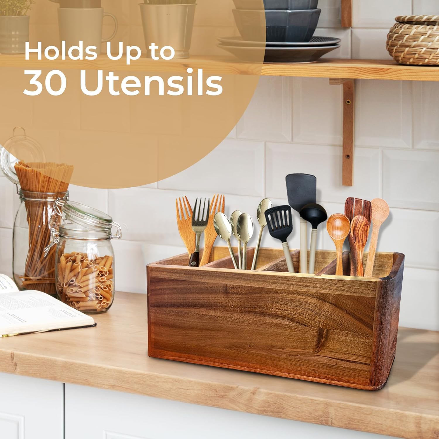 Dstuff Large Kitchen Utensil Organizer for Counter or Countertop, Large Wooden Utensil Rack for Cooking and Silverware, Acacia Rustic Wooden Container Large (Acacia 4 Compartments)