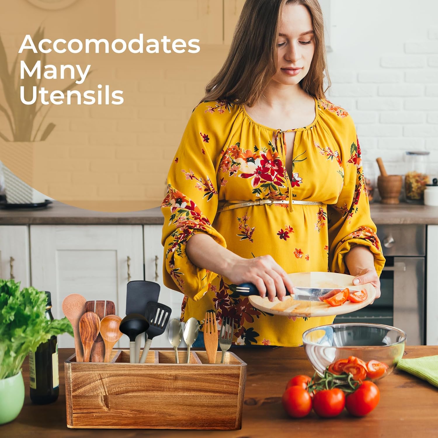 Dstuff Large Kitchen Utensil Organizer for Counter or Countertop, Large Wooden Utensil Rack for Cooking and Silverware, Acacia Rustic Wooden Container Large (Acacia 4 Compartments)