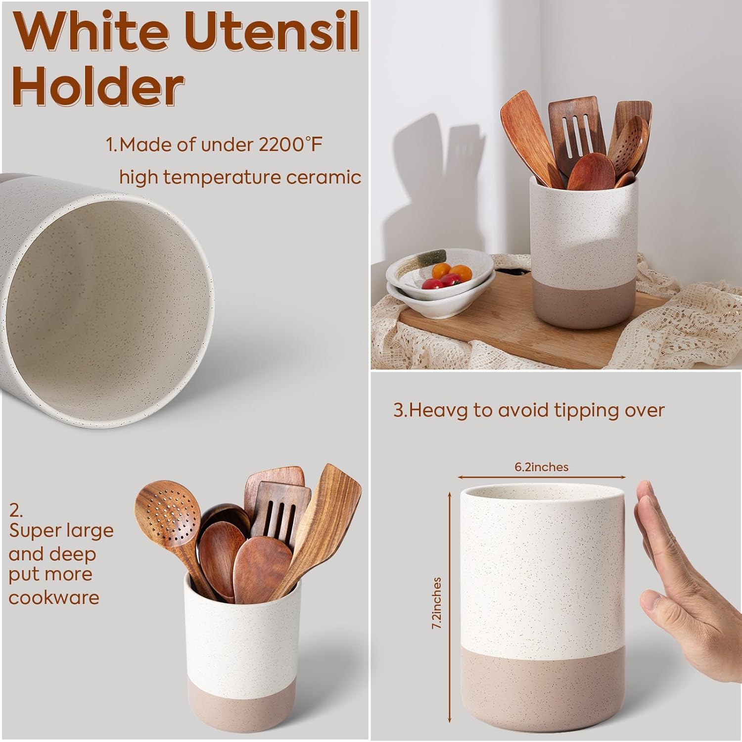Kitchen Utensil Holder for Countertop - 7.25 inch (Approx. 18.3 cm) Large Kitchen Utensil Organizer Ceramic Cooking Utensil Holder,Kitchen Counter Utensil Jar Matte Cream Farmhouse Decorative Accessories