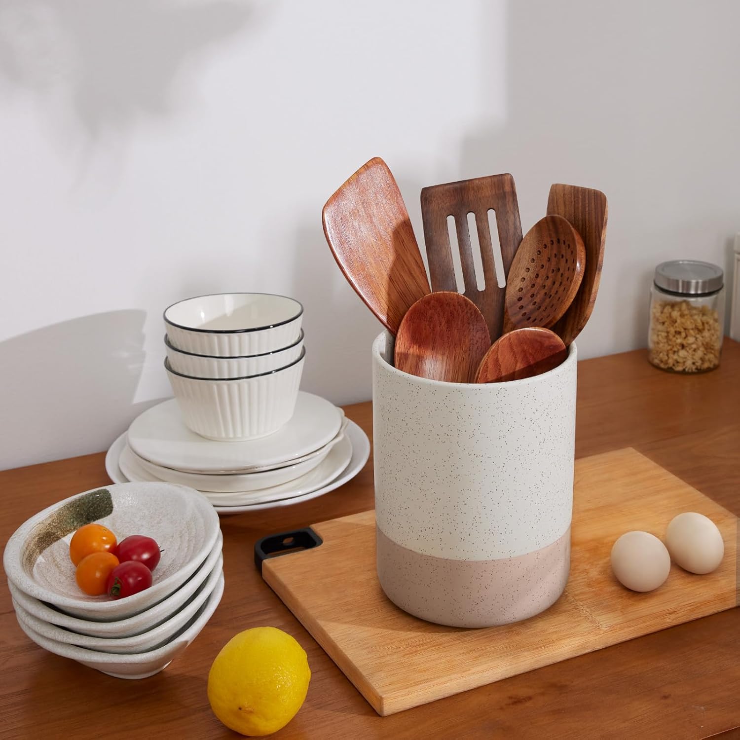 Kitchen Utensil Holder for Countertop - 7.25 inch (Approx. 18.3 cm) Large Kitchen Utensil Organizer Ceramic Cooking Utensil Holder,Kitchen Counter Utensil Jar Matte Cream Farmhouse Decorative Accessories