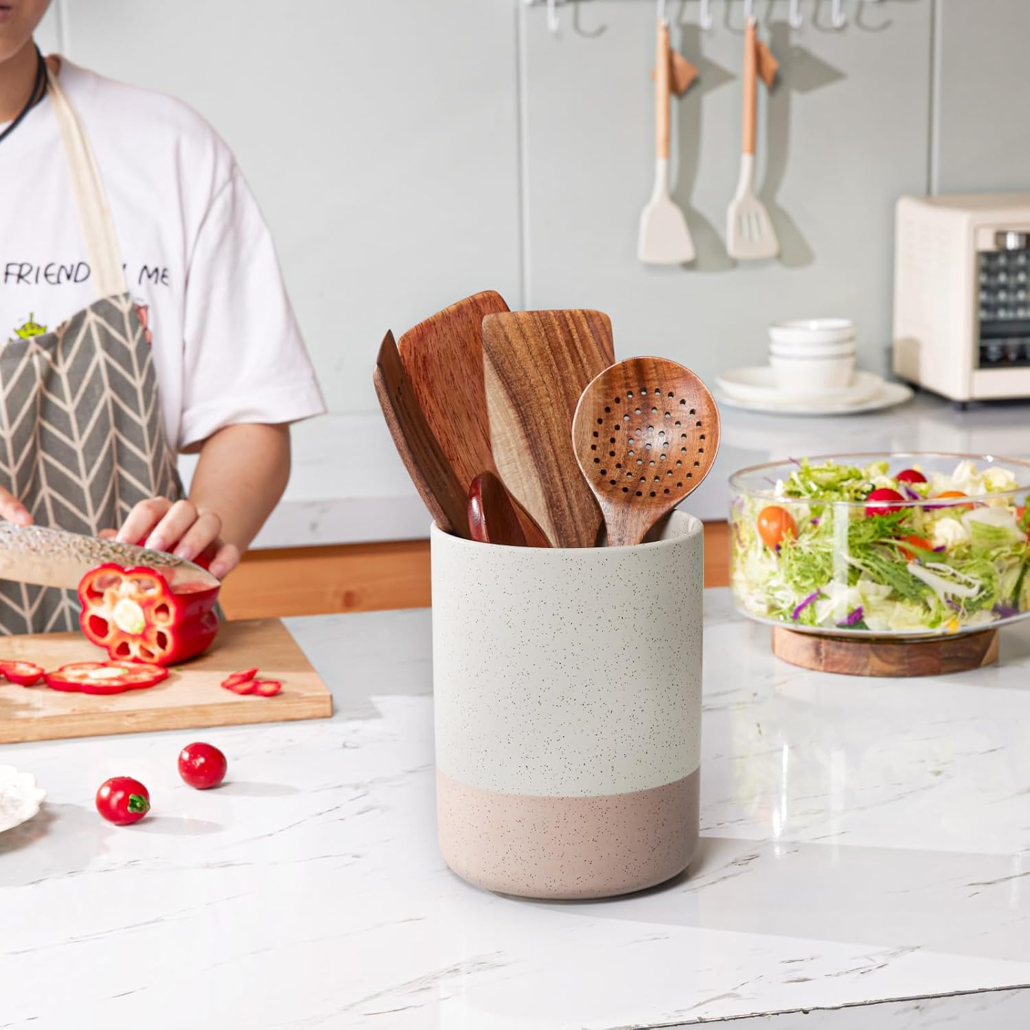 Kitchen Utensil Holder for Countertop - 7.25 inch (Approx. 18.3 cm) Large Kitchen Utensil Organizer Ceramic Cooking Utensil Holder,Kitchen Counter Utensil Jar Matte Cream Farmhouse Decorative Accessories