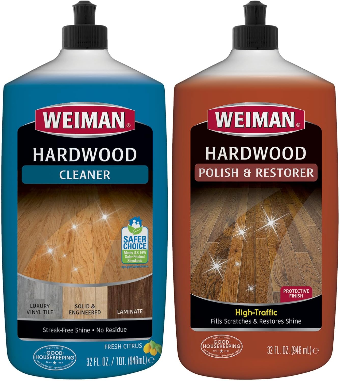 Hardwood Floor Cleaner and Polish Restorer Combo - 2-Pack - High-traffic hardwood floors, natural shine, removes scratches, leaves a protective finish