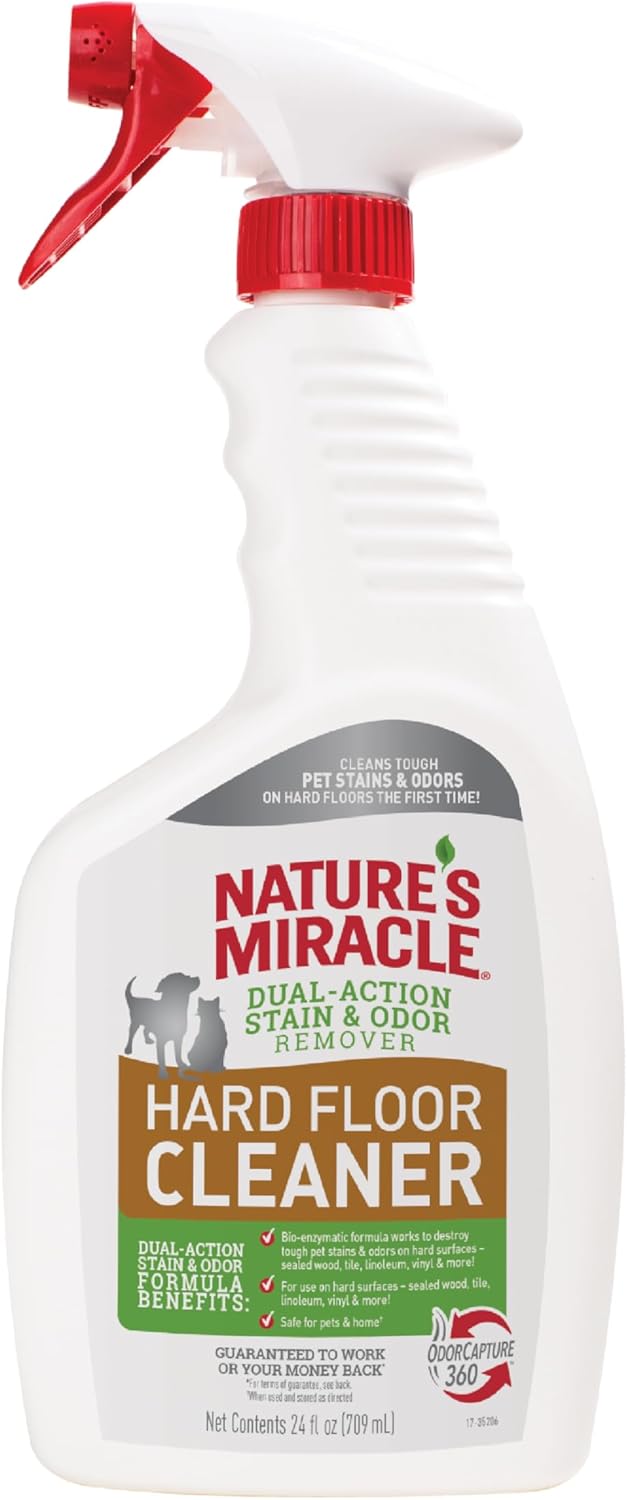 Nature's Miracle Hard Floor Cleaner, 24 oz (approx. 680.4 g), dual action stain remover removes tough pet stains and odors from sealed wood and hard floor surfaces.