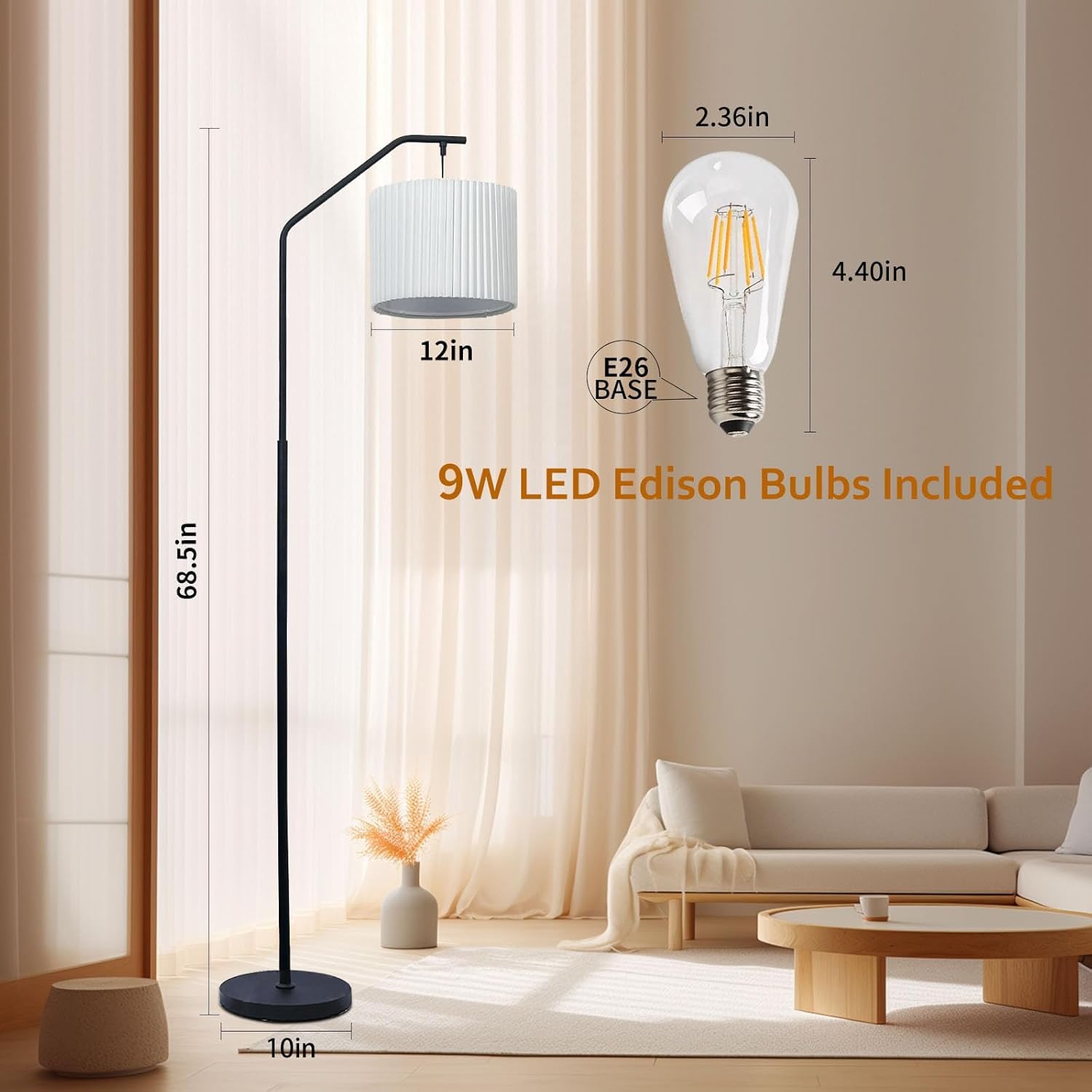 68" Floor Lamp, 9W Edison Bulb