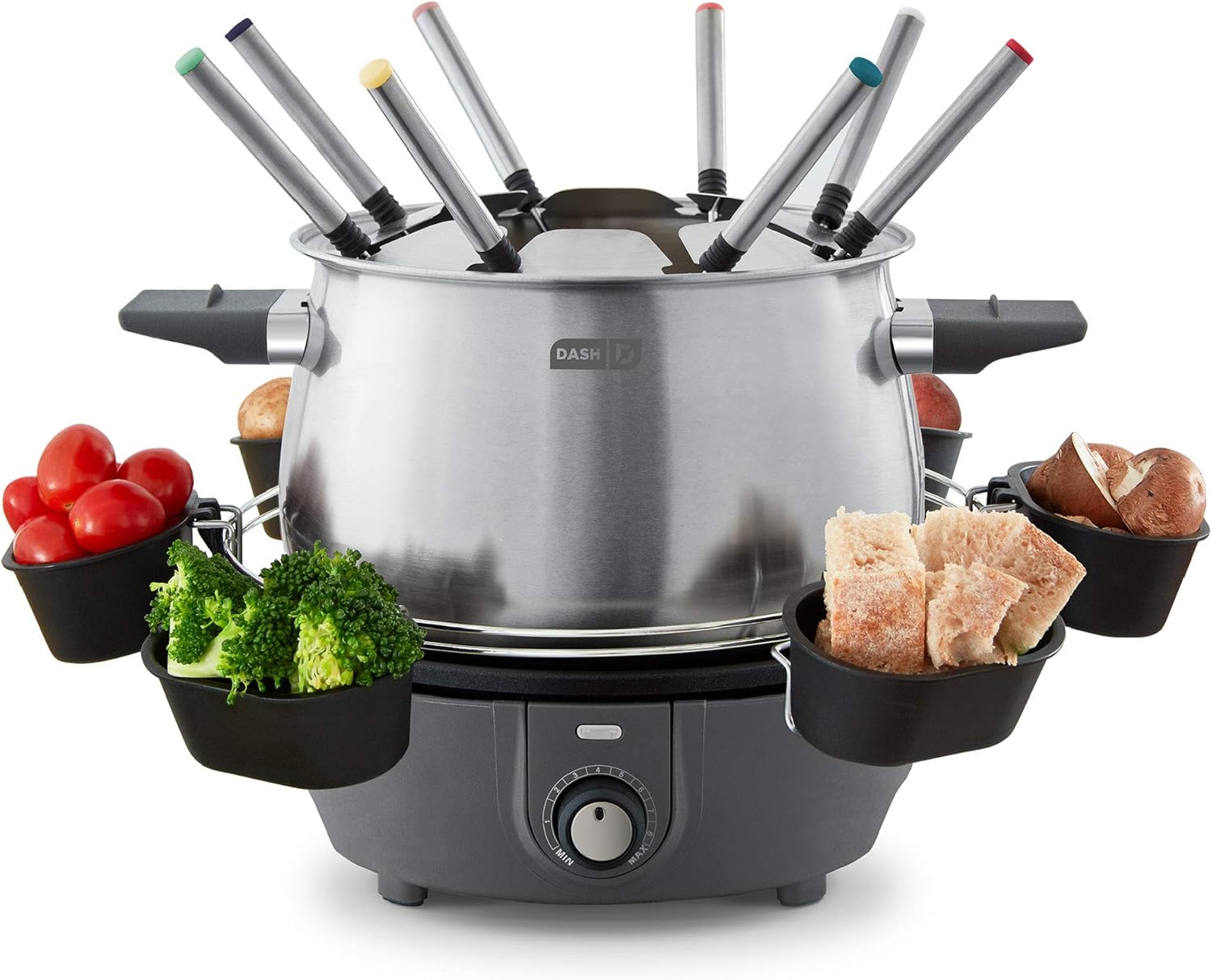 Dash Deluxe Stainless Steel Fondue Maker with Temperature Control, Fondue Fork, Cups and Rack with Recipe Guide (Chinese not always supported), 3-Quart, Non-Stick - Gray