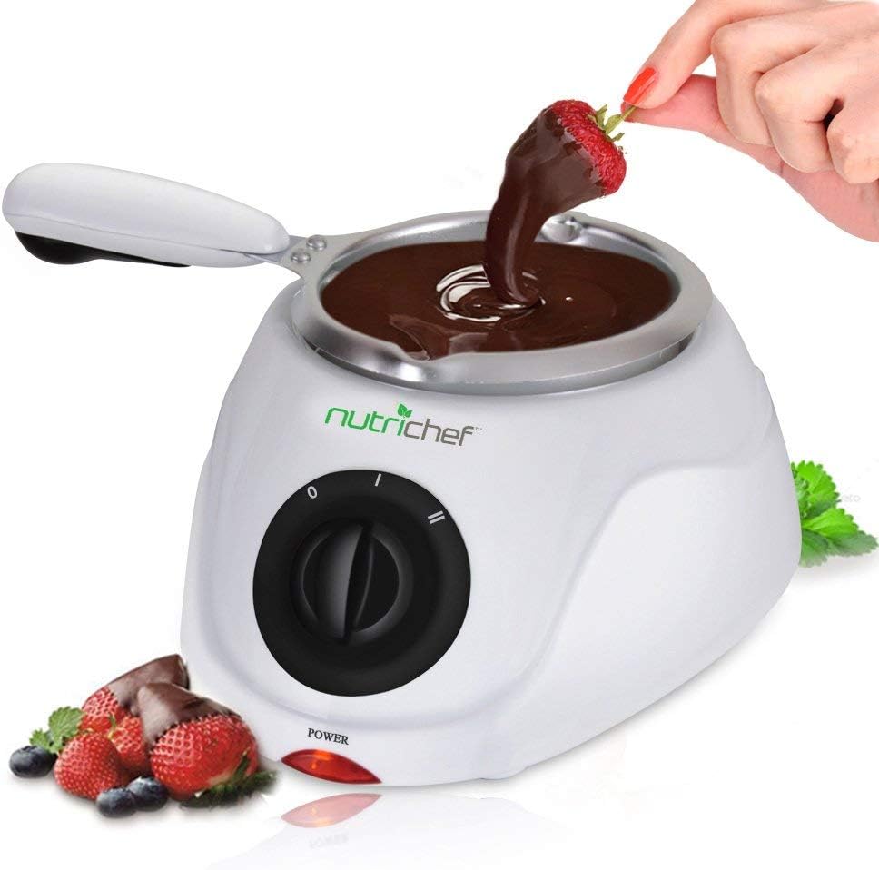 NutriChef Electric Fondue Cooker | 25W Chocolate Melt Warmer | 8.8 oz Capacity | Keep Warm Dipping Function and Removable Pot | Great for Melting Chocolate, Butter and Cheese | White