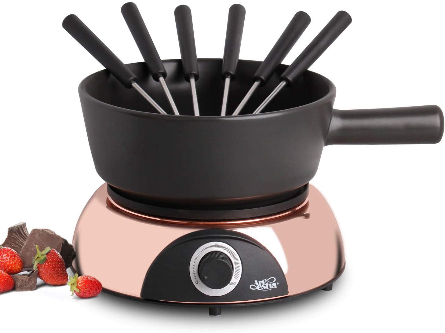 Artestia Swiss Design 2-Quart Electric Fondue Pot, 1500W Ceramic Chocolate Melting Pot, Adjustable Temperature, 6 Fondue Forks, White Ceramic Pot with Rose Gold Base (Black)