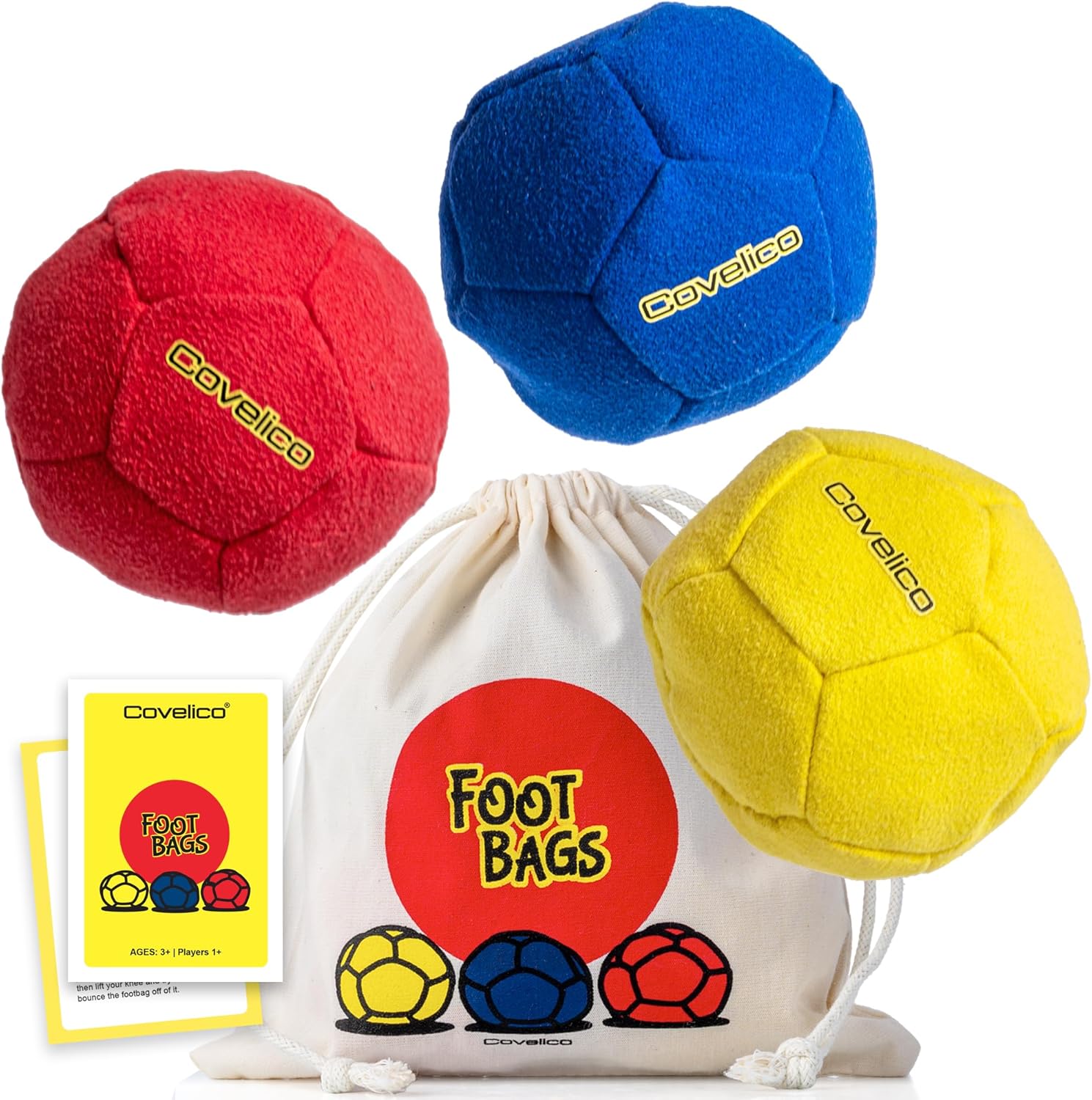 Covelico Footbag Hacky set for kids, teens, and adults.3 x 2.28 and 1.64 oz (approx. 7.6 cm) bags, bright yellow, blue, and red, each with durable double-layered synthetic suede, guides, and stylish bags.Covelico Footbag Hacky set for kids, teens, and adults.3 x 2.28 and 1.64 oz (approx. 7.6 cm) bags, bright yellow, blue, and red, each with durable double-layered synthetic suede, guide and stylish bags. Group Foot Bag G ame.