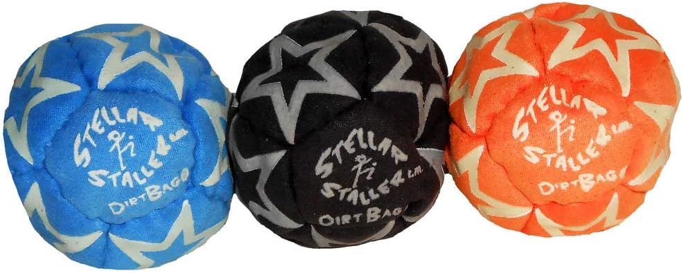 DIRTBAG Footbag Stellar Staller 3-pack, glow-in-the-dark 12-piece footbag, hand-sewn, synthetic suede.