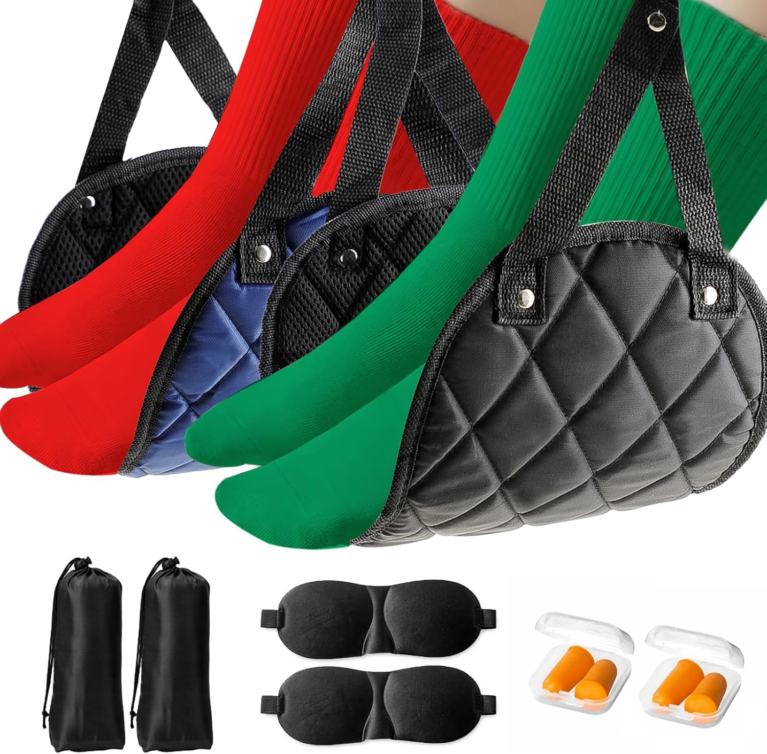 Premium 2-Piece Airplane Leg Hammock with 2 Eye Masks and 2 Ear Plugs Set - Adjustable Length Foot Rest, Comfortable Airplane Travel, Portable Under Desk Flight Leg Hammock - Black and Blue