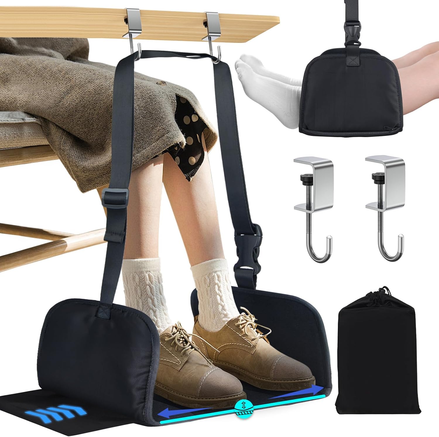 Airplane Foot Hammock,Office Footrest with 2 HooksWider Airplane Footrest Long Flight HammockMemory Foam Travel FootrestAirplane Foot Hammock Strap at DeskWorkGameTravel Essentials,Black