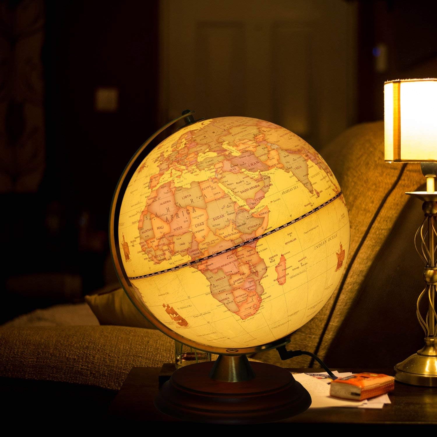 8 inch Illuminated World Globe with Wooden Stand