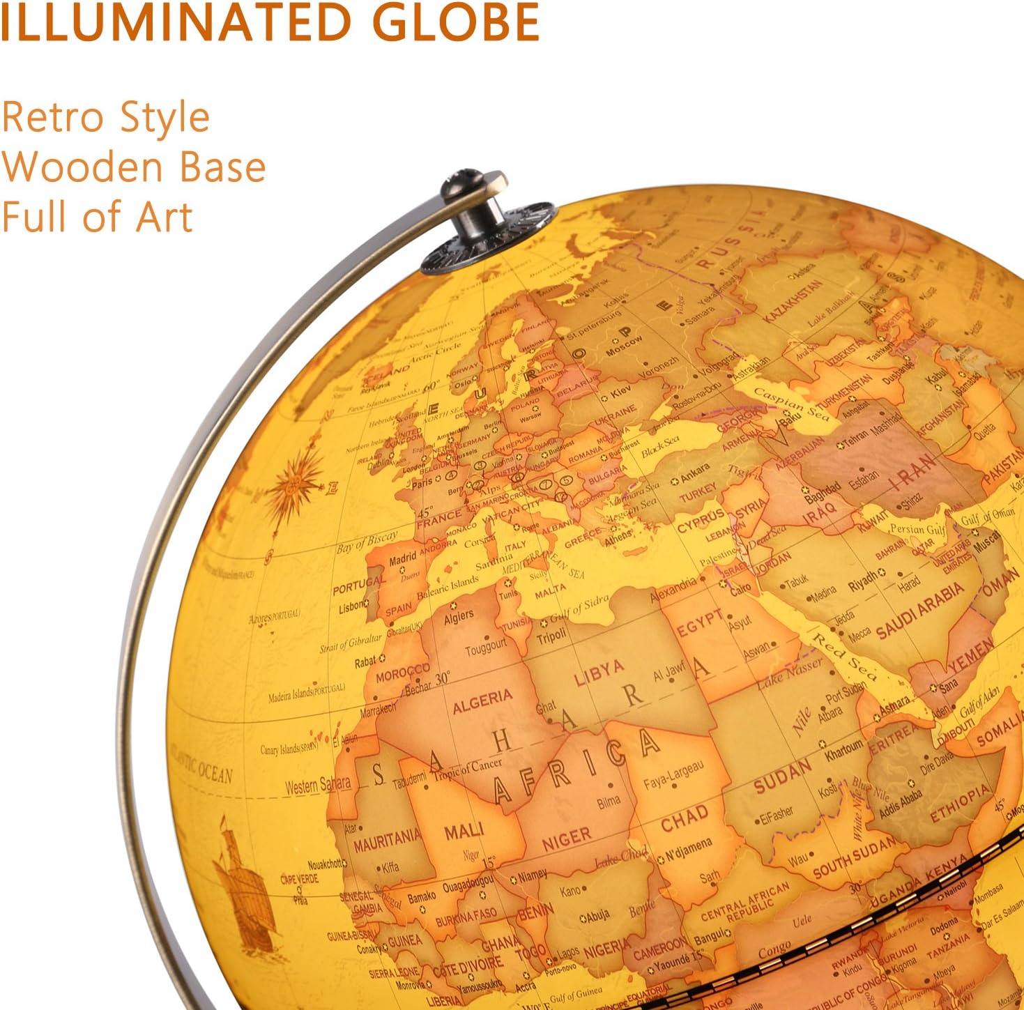 8 inch Illuminated World Globe with Wooden Stand