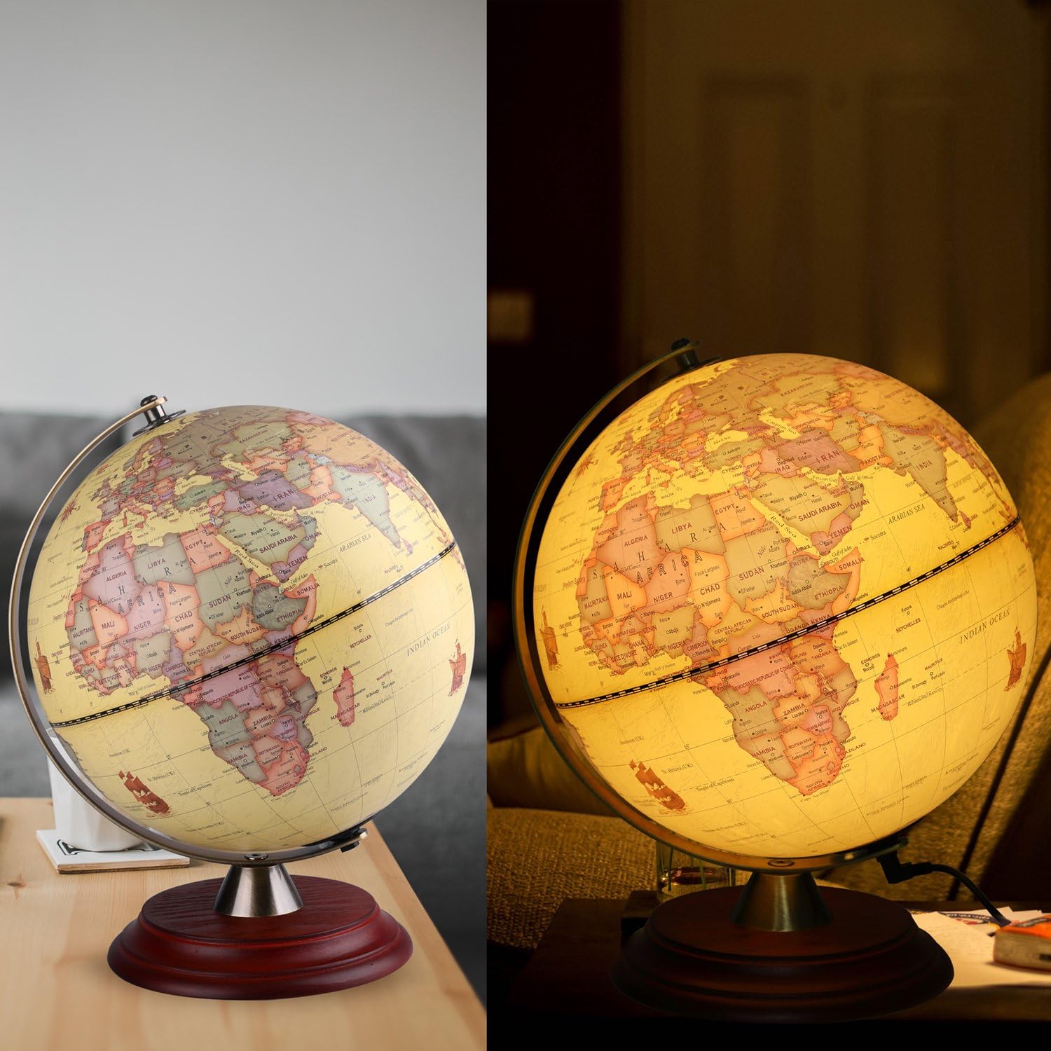 8 inch Illuminated World Globe with Wooden Stand