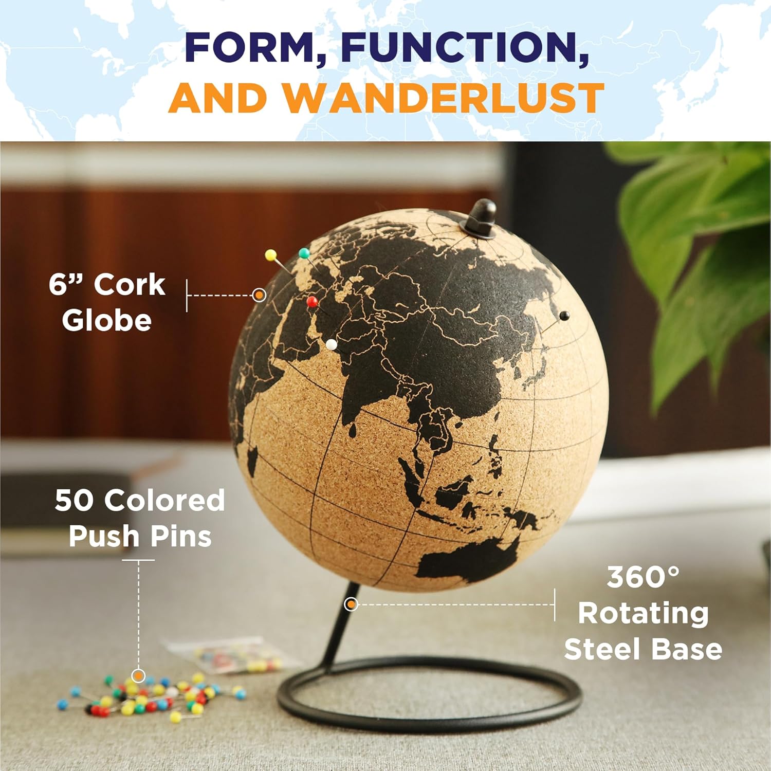 Mini Cork Globe, 50 Push Pins