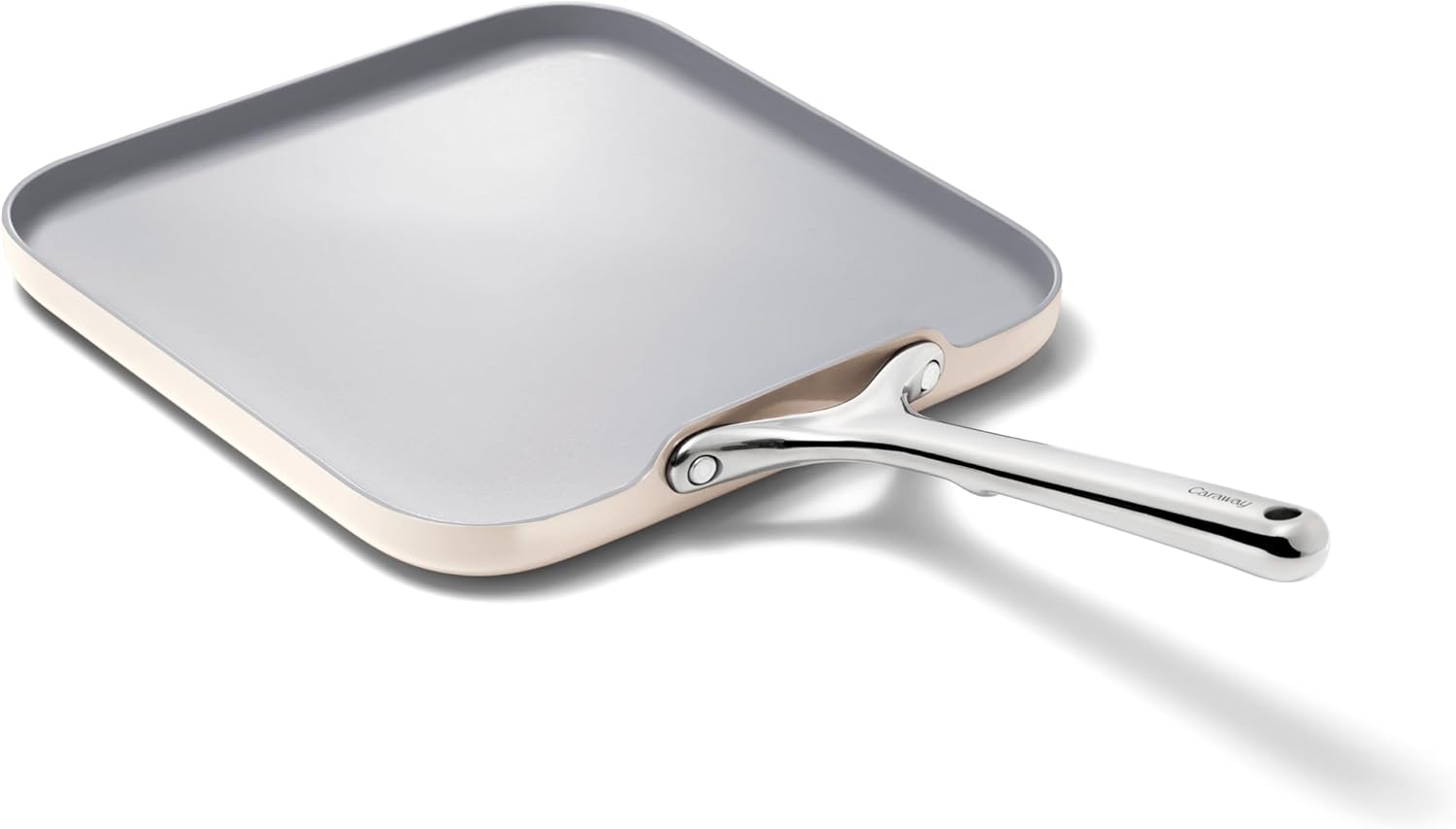 Caraway Square Skillet - 11 inch (approximately 27.9 cm) square pan - Non-stick ceramic coating - Non-toxic, PTFE and PFOA free - Oven safe, compatible with all stovetops - Cream color