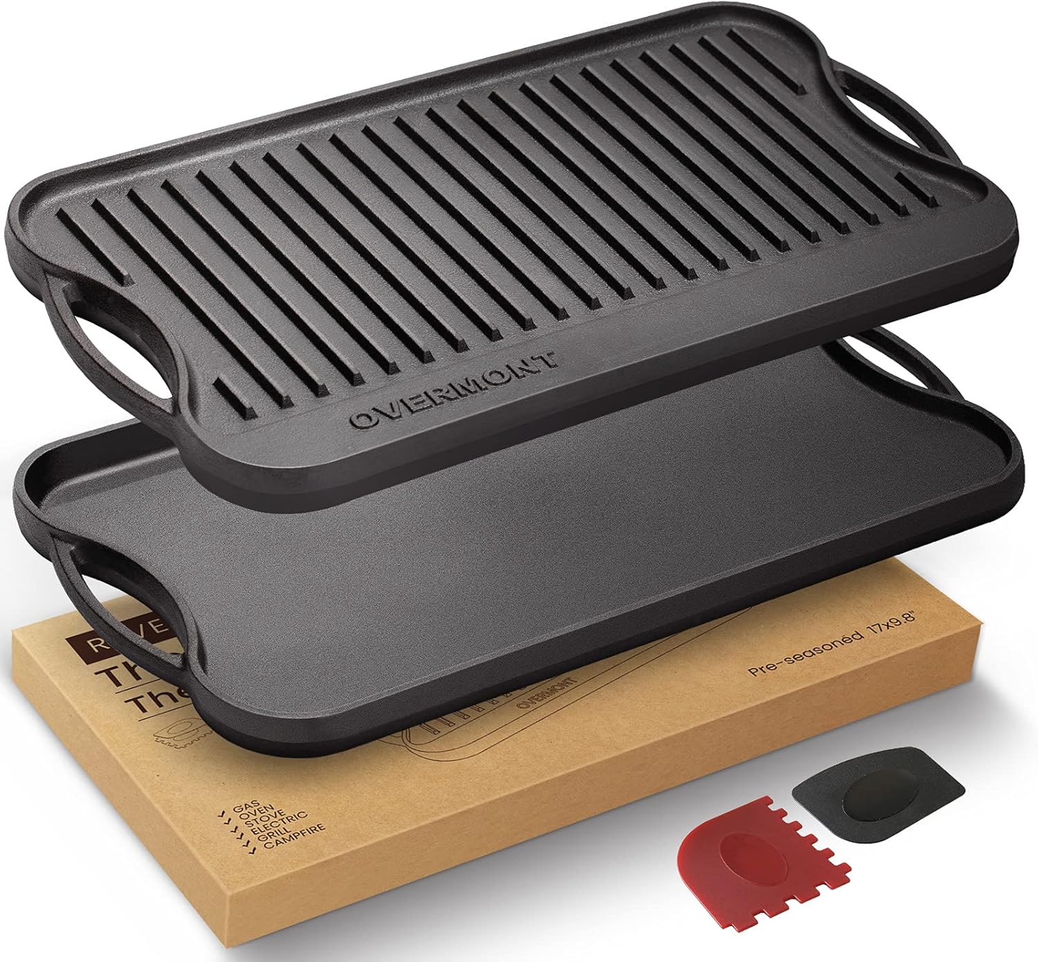 Prepared 17x9.8 Inch (Approx. 43.2x24.9 cm) Cast Iron Double Sided Grill Pan with Handles for Gas Stovetop Fired Ovens, One Tray, Includes Spatula