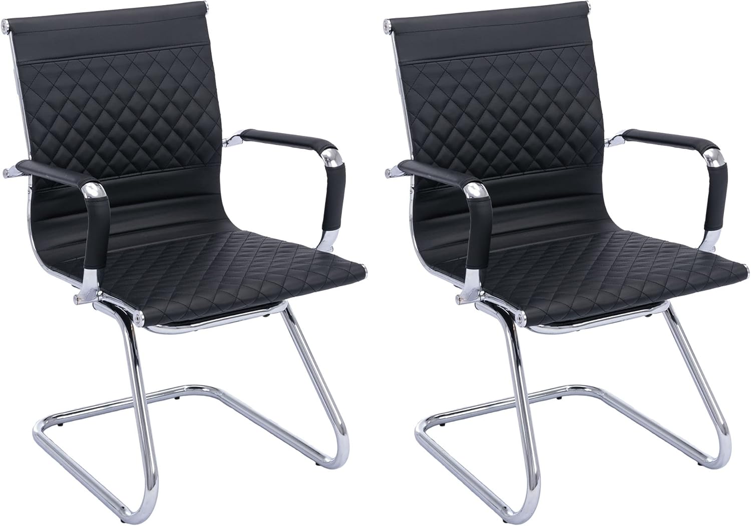 Office Chair with Diamond Grid Design Back,Faux Leather Reception Chair with Armrests for Meeting/Waiting/Conference Rooms,Chrome Plated Metal Sled Base,Set of 2,Black
