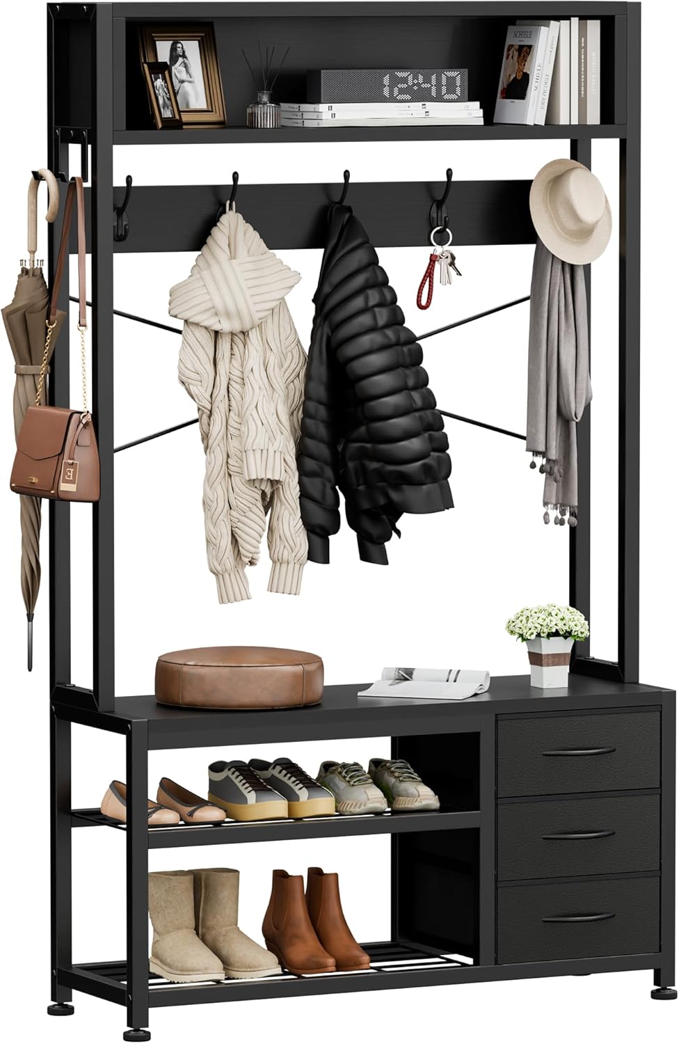 Lulive Hall Tree with Bench and Shoe Storage, 31.5 Inch (Approx. 80 cm) Hanger Freestanding with 2 Tiers of Storage Shelves, 6-in-1 Entry Bench Hanger with 12 Hooks and 3 Drawers (Black)
