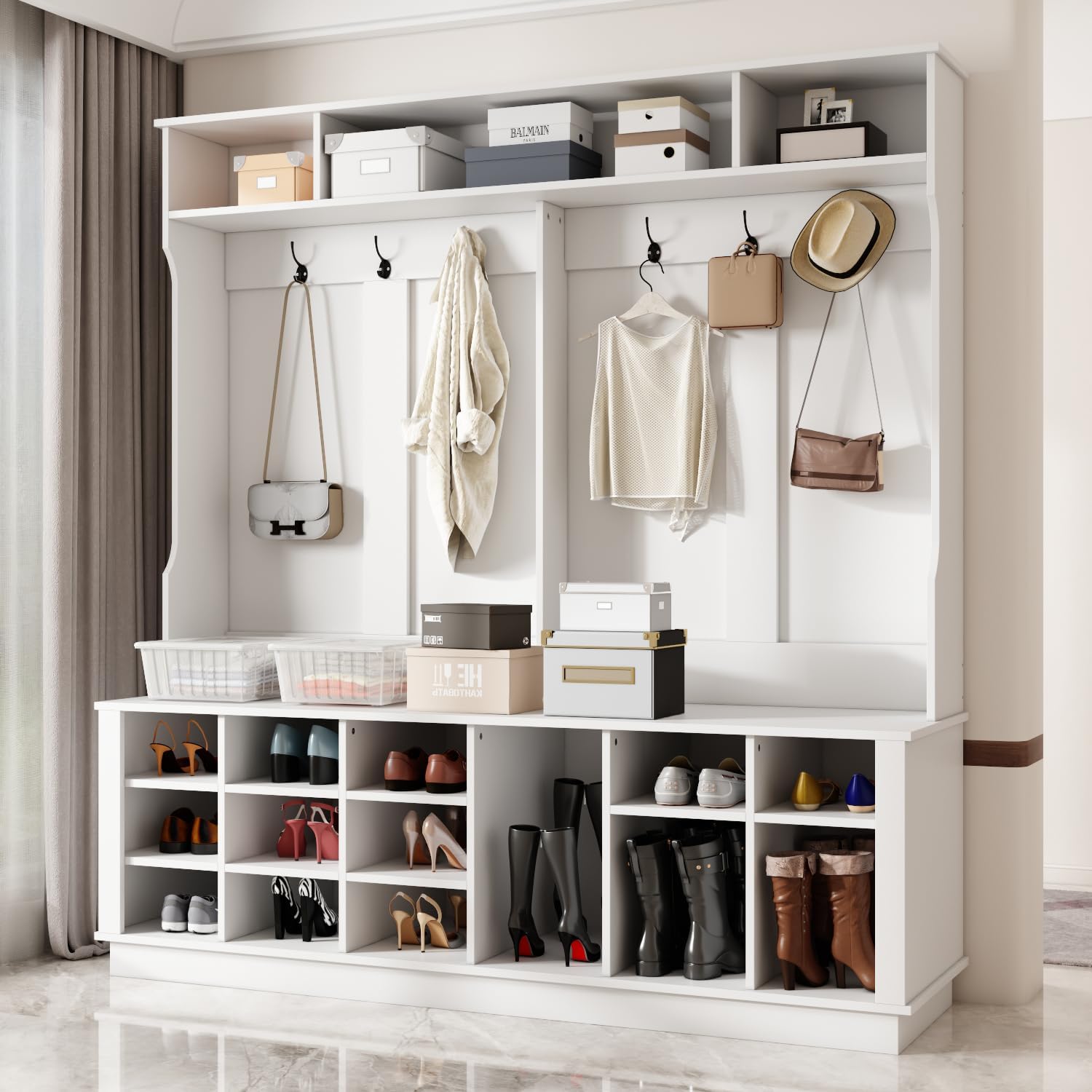 Oversized Hall Tree w/Bench & Shoe Storage, Multi-Purpose Entry Bench w/Coat Rack, Adjustable Shelves, 6 Dual Hooks & 21 Open Compartments, White