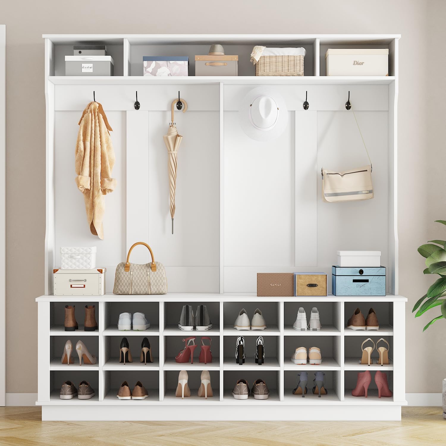 Oversized Hall Tree w/Bench & Shoe Storage, Multi-Purpose Entry Bench w/Coat Rack, Adjustable Shelves, 6 Dual Hooks & 21 Open Compartments, White