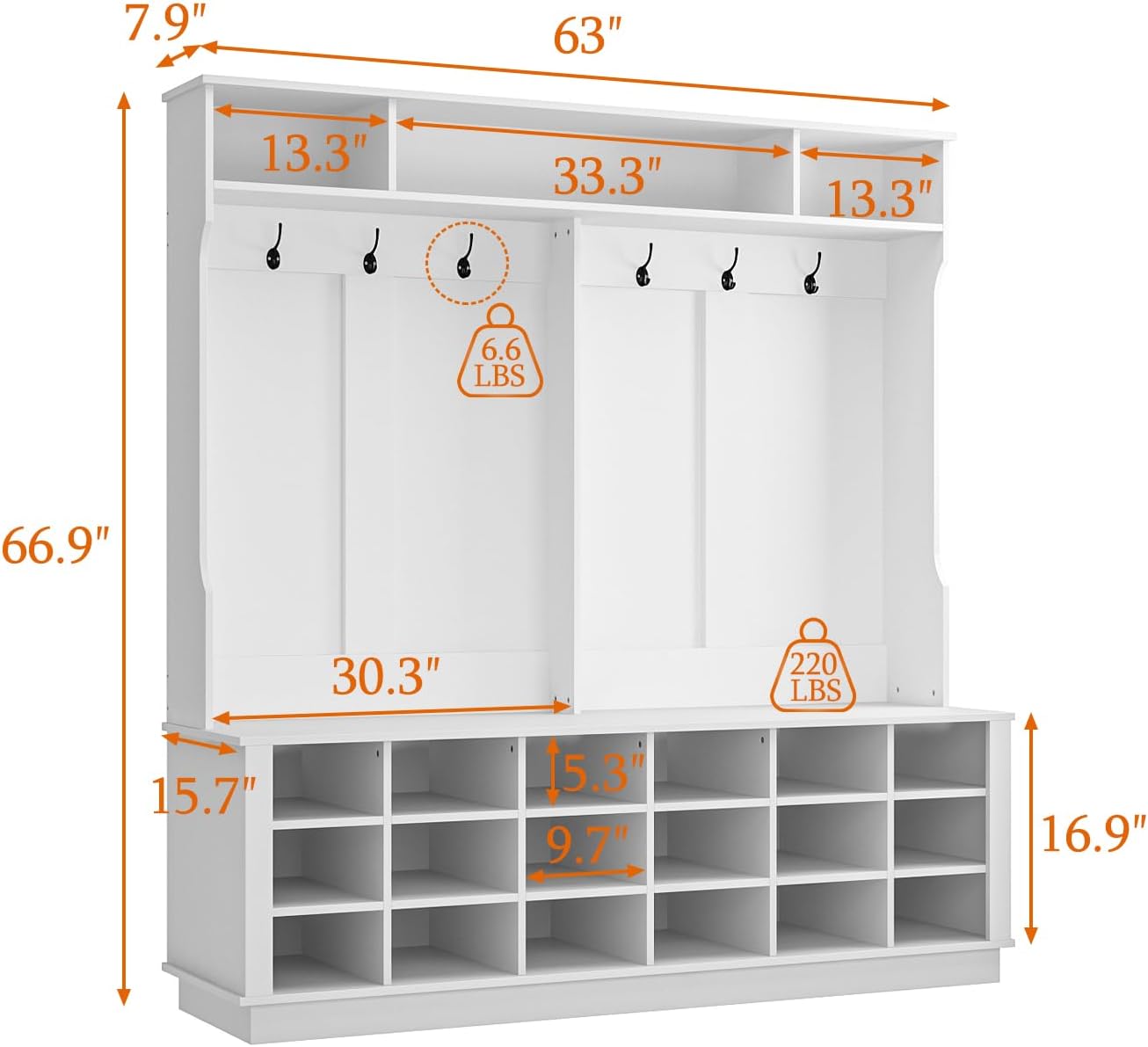 Oversized Hall Tree w/Bench & Shoe Storage, Multi-Purpose Entry Bench w/Coat Rack, Adjustable Shelves, 6 Dual Hooks & 21 Open Compartments, White