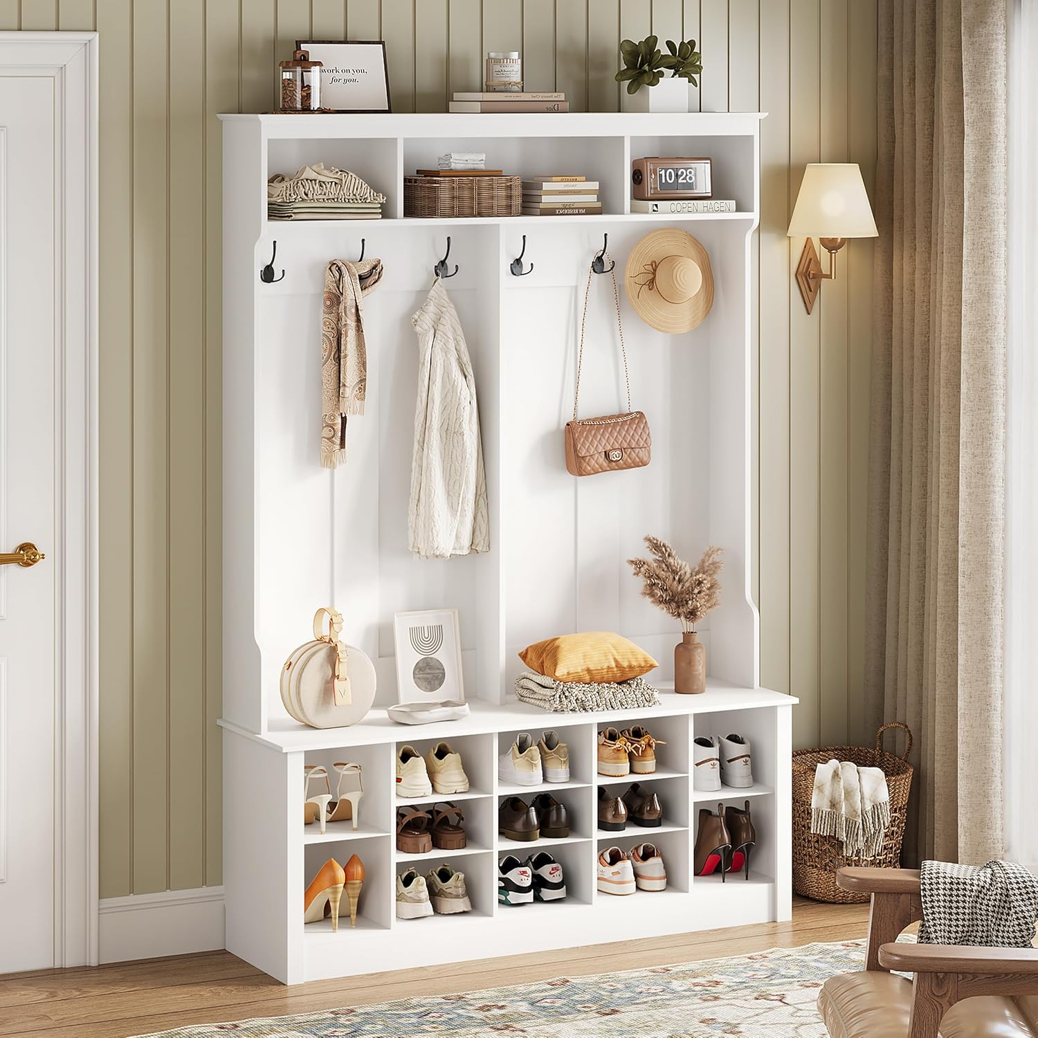 Wodeer Hall Tree, 4-in-1 Entry Bench with Coat Rack and Shoe Organizer, 6 Hooks and Adjustable Shoe Rack for Hallways, Entryways, Bedrooms, White