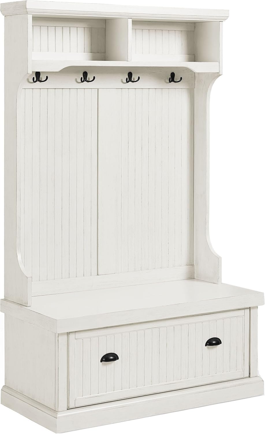 Crosley Furniture Seaside Hall Tree with Shoe Rack Bench and Coat Hooks for Hanging Storage, Aged White