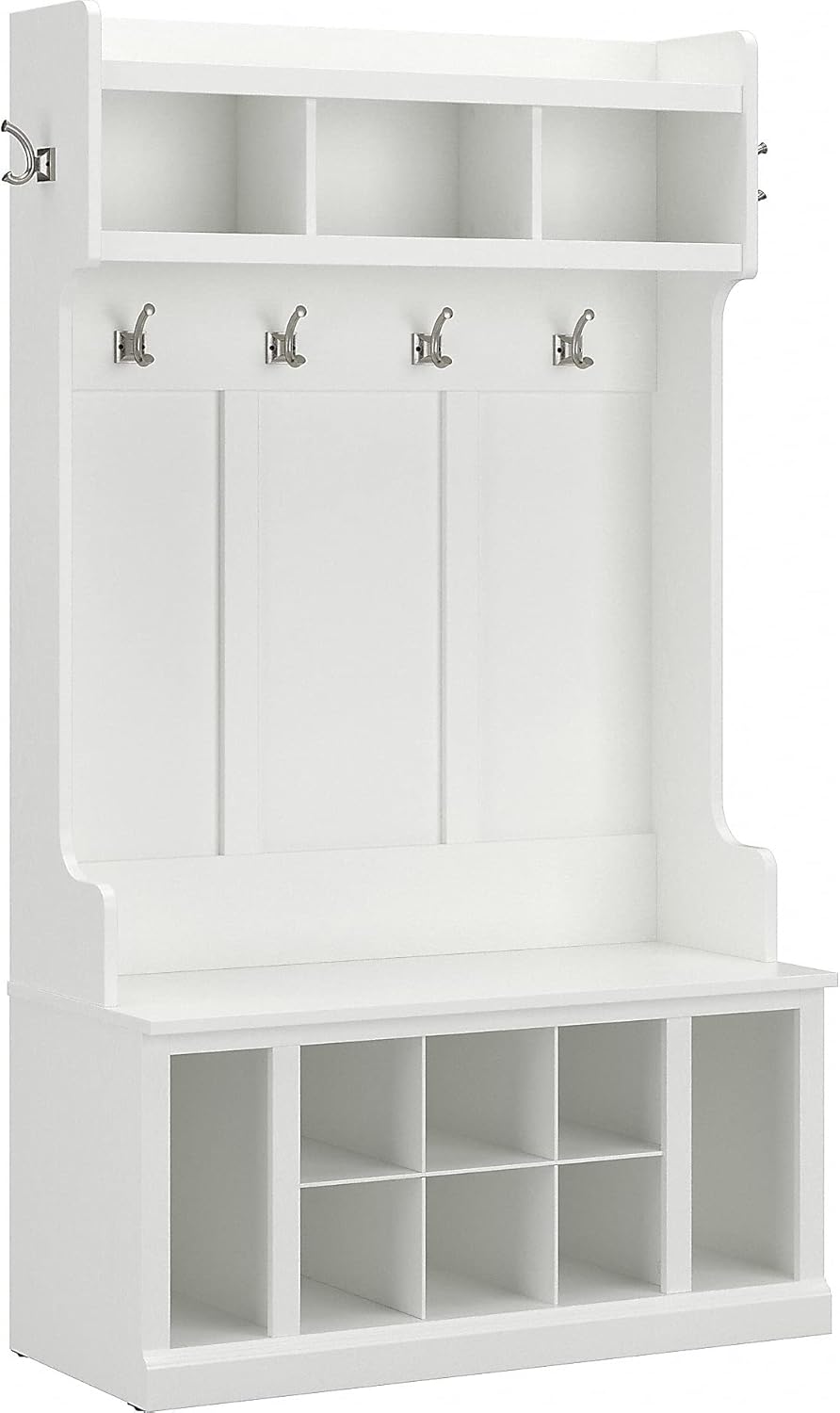 Oversized Hall Tree w/Bench & Shoe Storage, Multi-Purpose Entry Bench w/Coat Rack, Adjustable Shelves, 6 Dual Hooks & 21 Open Compartments, White