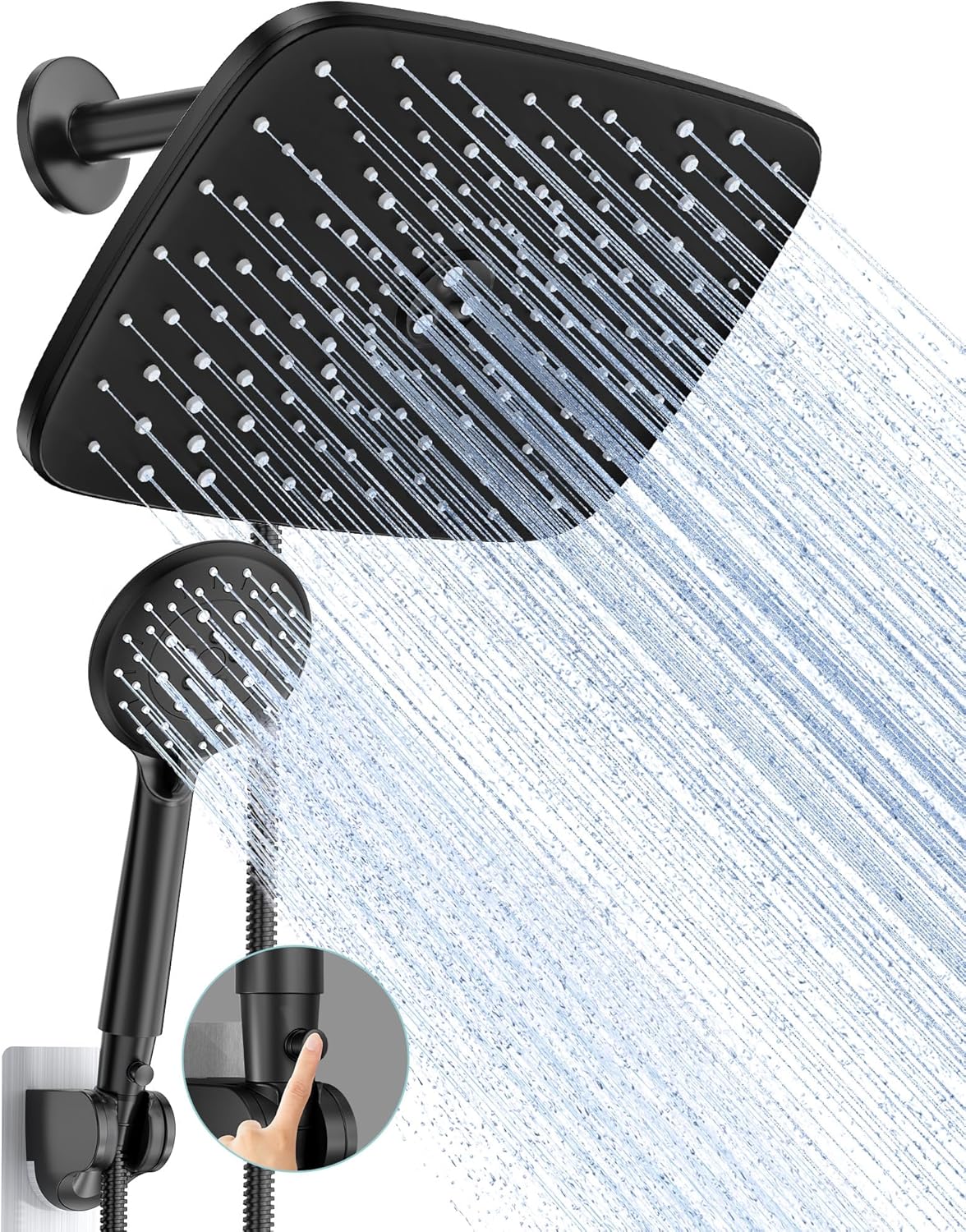 Veken 12 in (~30.5 cm) High Pressure Shower Head - 5 Pattern Hand Shower Combo - Wide Shower with 70 in (~177.8 cm) Hose - Adjustable Dual Shower Heads with Anti-Clogging Nozzles - Matte Black
