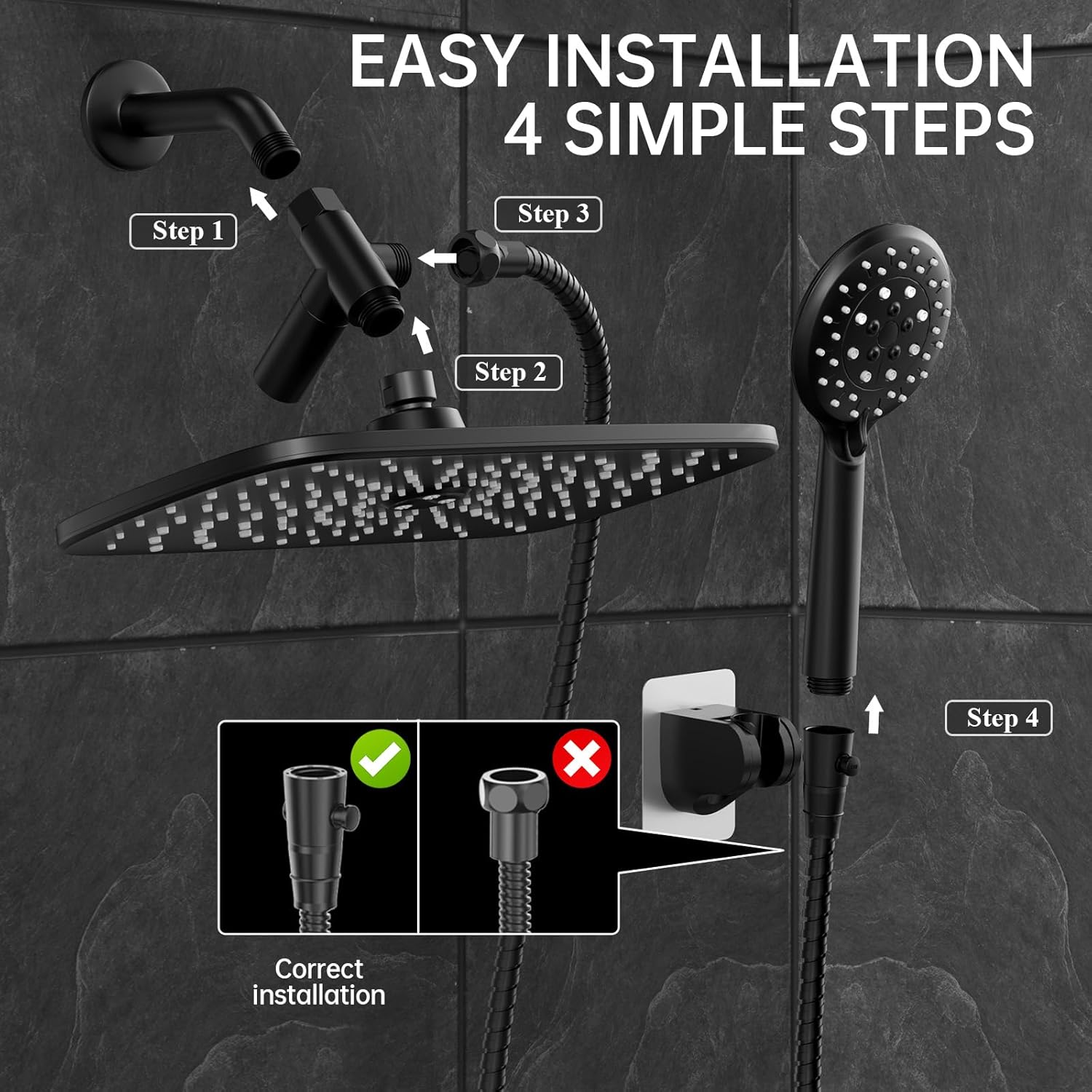 12” High Pressure Shower Head, 70“ Hose
