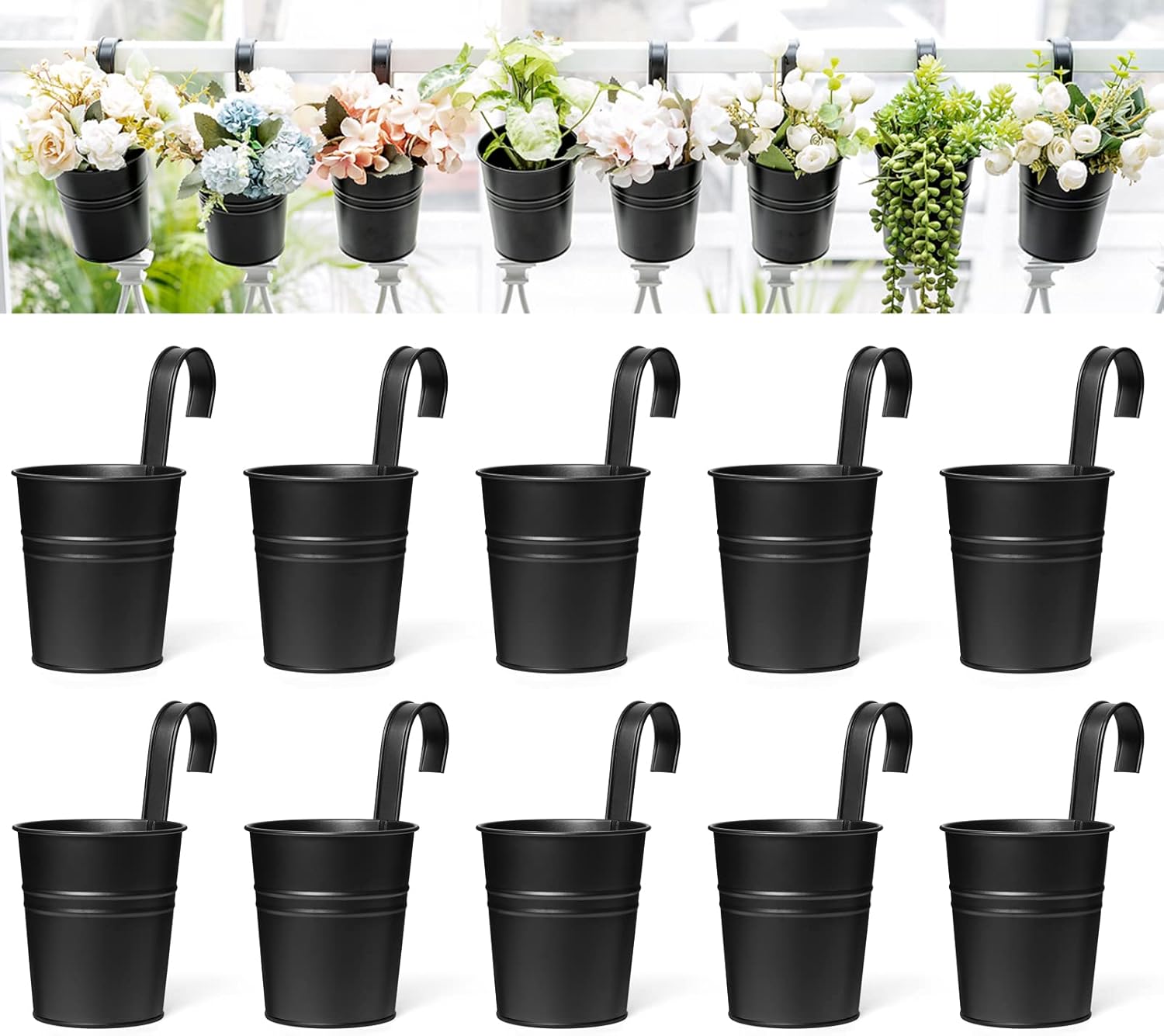 10 Piece Hanging Planter Metal Iron Bucket Planter for Railing Fence Balcony Garden Home Decor Planter with Removable Hooks, Black, 4 inches (Approx. 10.2 cm)