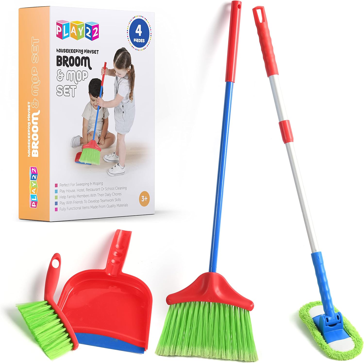 Kids Cleaning Set 4 Piece - Toy Cleaning Set Includes Broom, Mop, Brush, Dust Pan - Toy Kitchen Toddler Cleaning Set is a great toy for boys and girls!