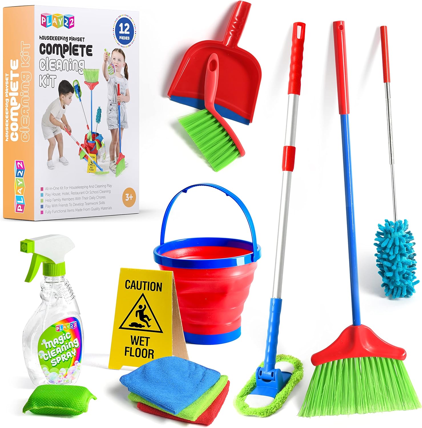 Kids Cleaning Set 12 Piece - Toy Cleaning Set Includes Broom, Mop, Brush, Dust Pan, Duster, Sponge, Clothes, Spray, Bucket, Warning Signs, - Toy Kitchen Toddler Cleaning Set - or Original