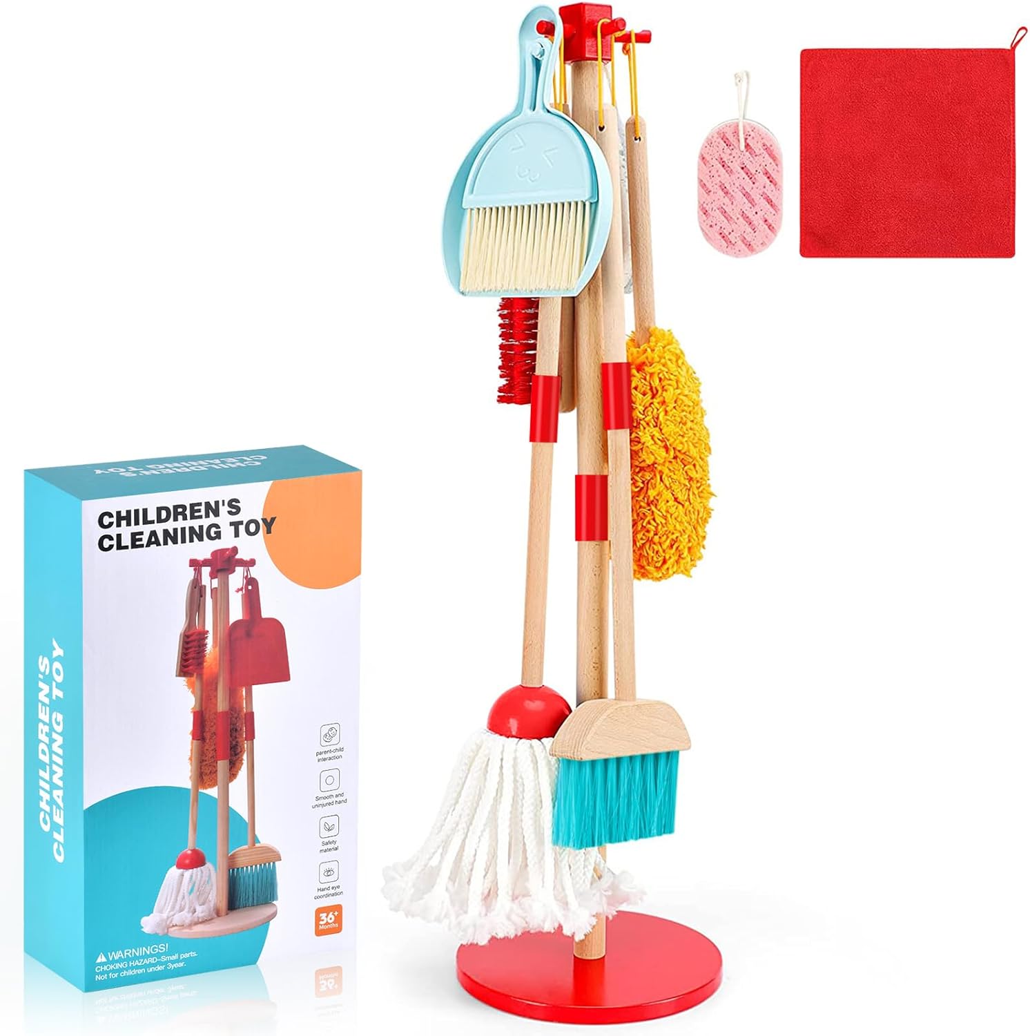 Children's Cleaning Set, Wooden Toddler Broom Set for Household Chores, 9 Piece Children's Broom and Mop Set for Toddlers, Baby Cleaning Toys with Dust Sponge, Boys and Girls Playset