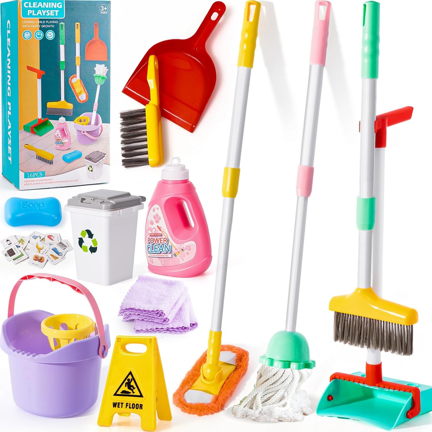 14 Pieces Toddler Kids Cleaning Toys Set,Kids Adjustable Mop Broom and Dust Pan Set,House Cleaning Tools Toys for Toddlers 1-3 Years,Montessori Learning Pretend Play Gift,Cleaning Toys for 1-3-5 Years Old Girls Boys