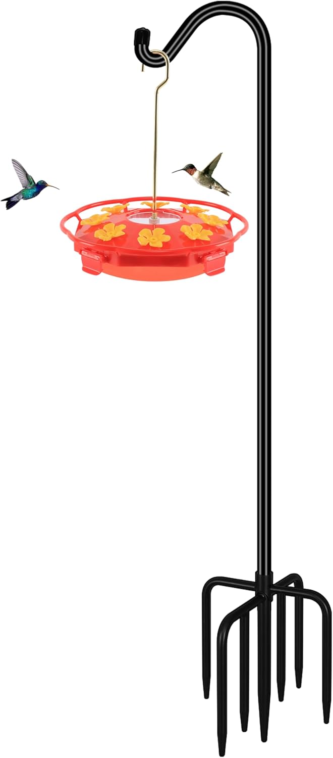 [Upgraded Adjustable Sheepdog Hook Bird Feeder Pole with 7 Claw Base, 76-Inch Tall Heavy Duty Outdoor Garden Pole for Hanging Bird Feeders, Plant Baskets, Black (1 Piece Set)