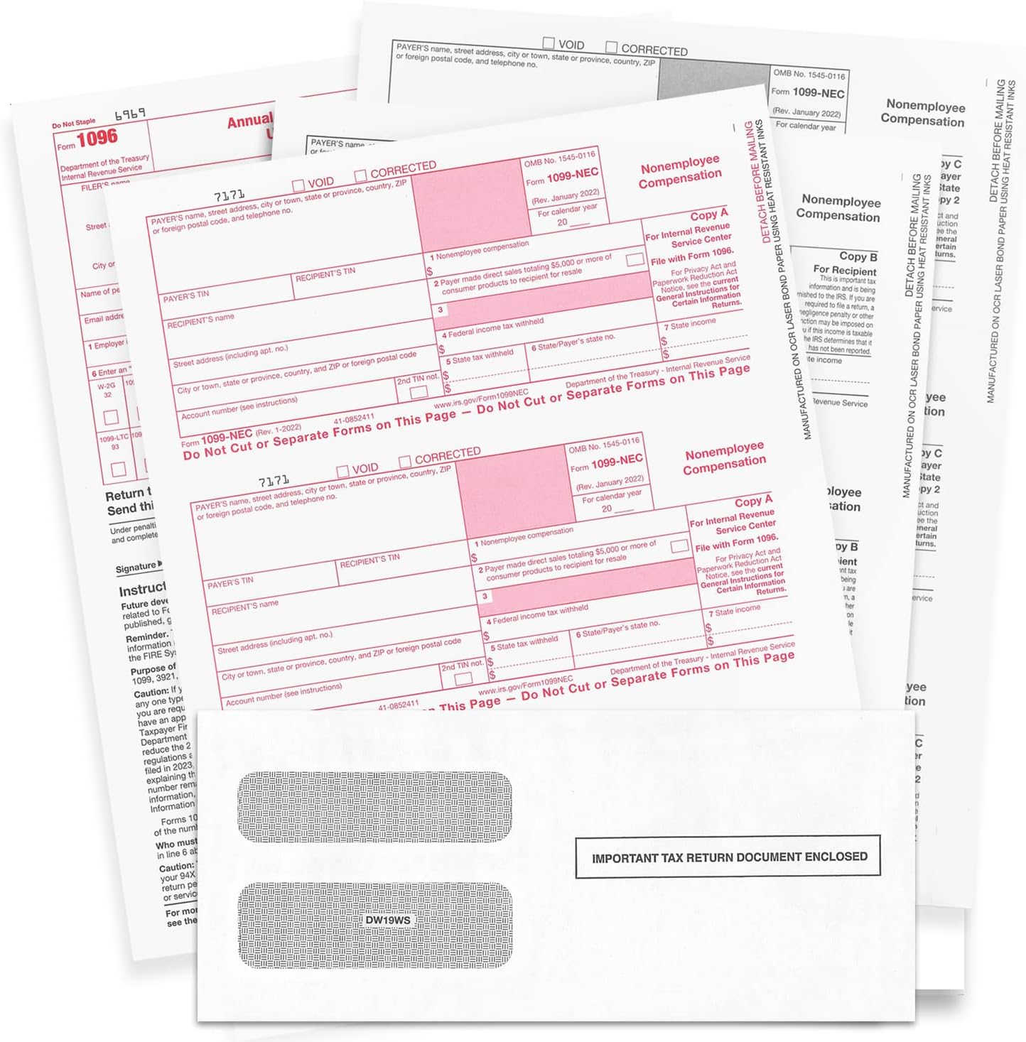 NextDayLabels 1099-NEC 2024 Forms, 4-Part Tax Forms, 25 Laser Forms and 25 Self-Sealing Envelopes, Forms Designed for Quick Books and Other Accounting Software