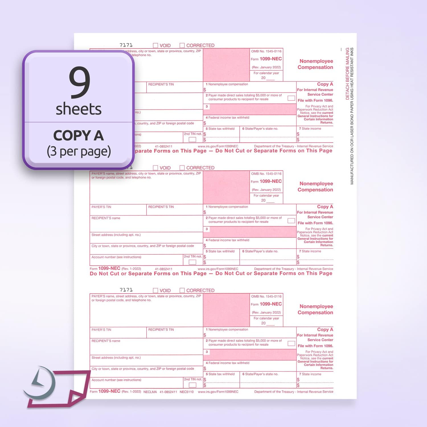 NextDayLabels 1099-NEC 2024 Forms, 4-Part Tax Forms, 25 Laser Forms and 25 Self-Sealing Envelopes, Forms Designed for Quick Books and Other Accounting Software