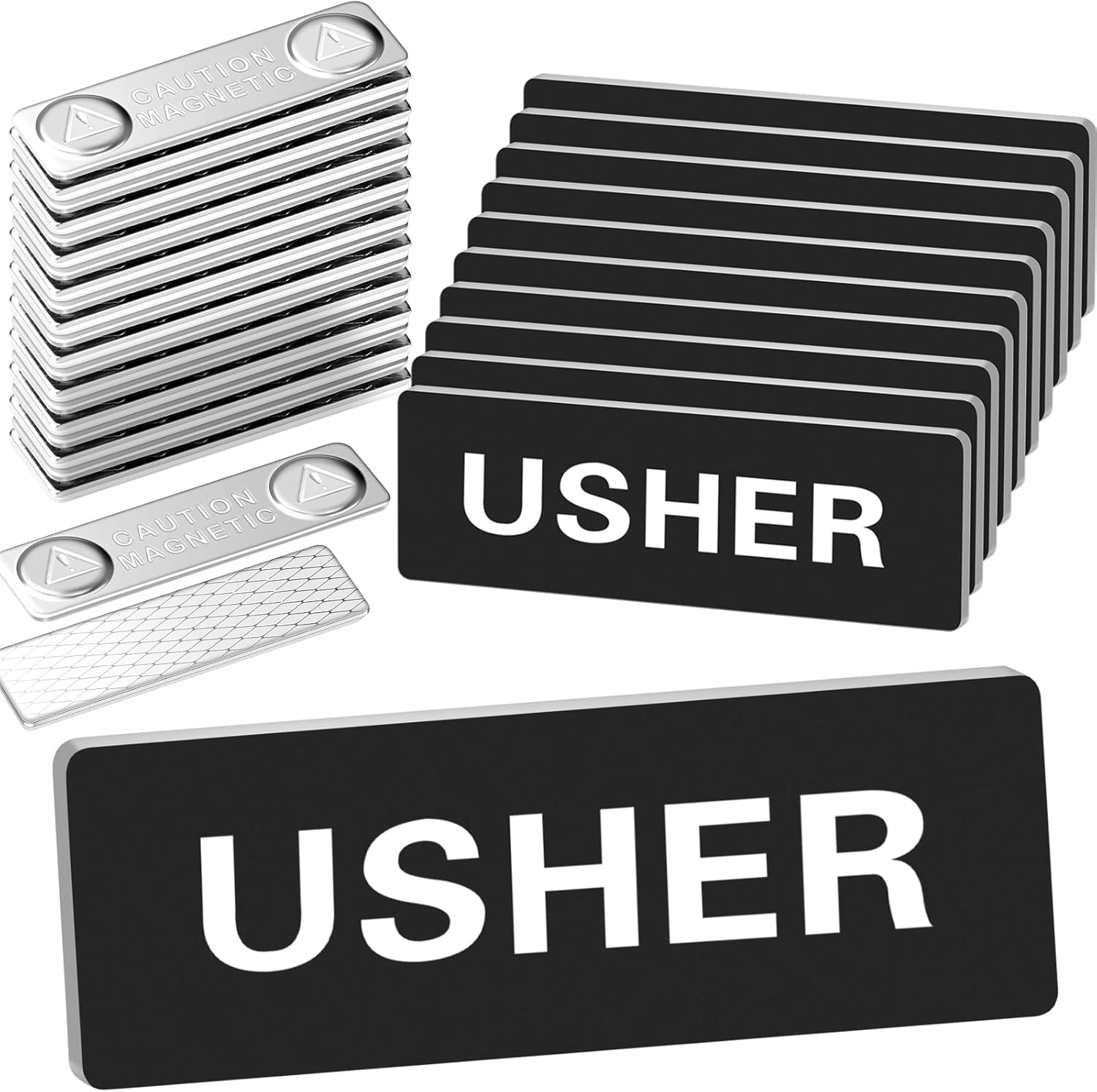 Sabary 10 Piece Magnetic Usher Name Tags for Church Acrylic Usher Badge Name Tags with Magnet Reusable Badges Bulk for Uniform Clothes Church Party, 1 x 3 inch, Rounded Corners (Black and White)