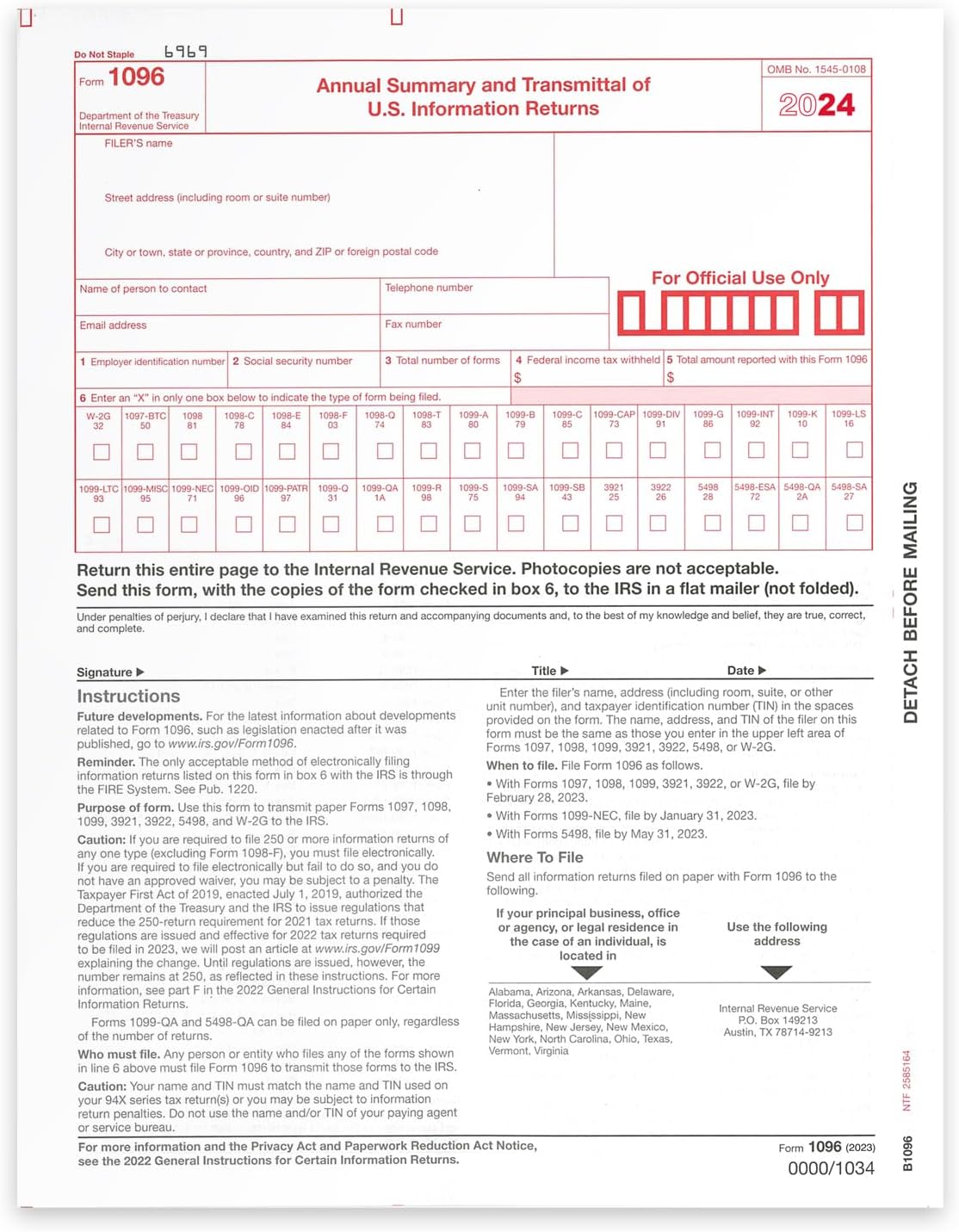 NextDayLabels - 1096 Transmittal 2024 Tax Forms for Laser or Inkjet Printers, Quickbooks, and Other Accounting Software (10 Pack - 2024)