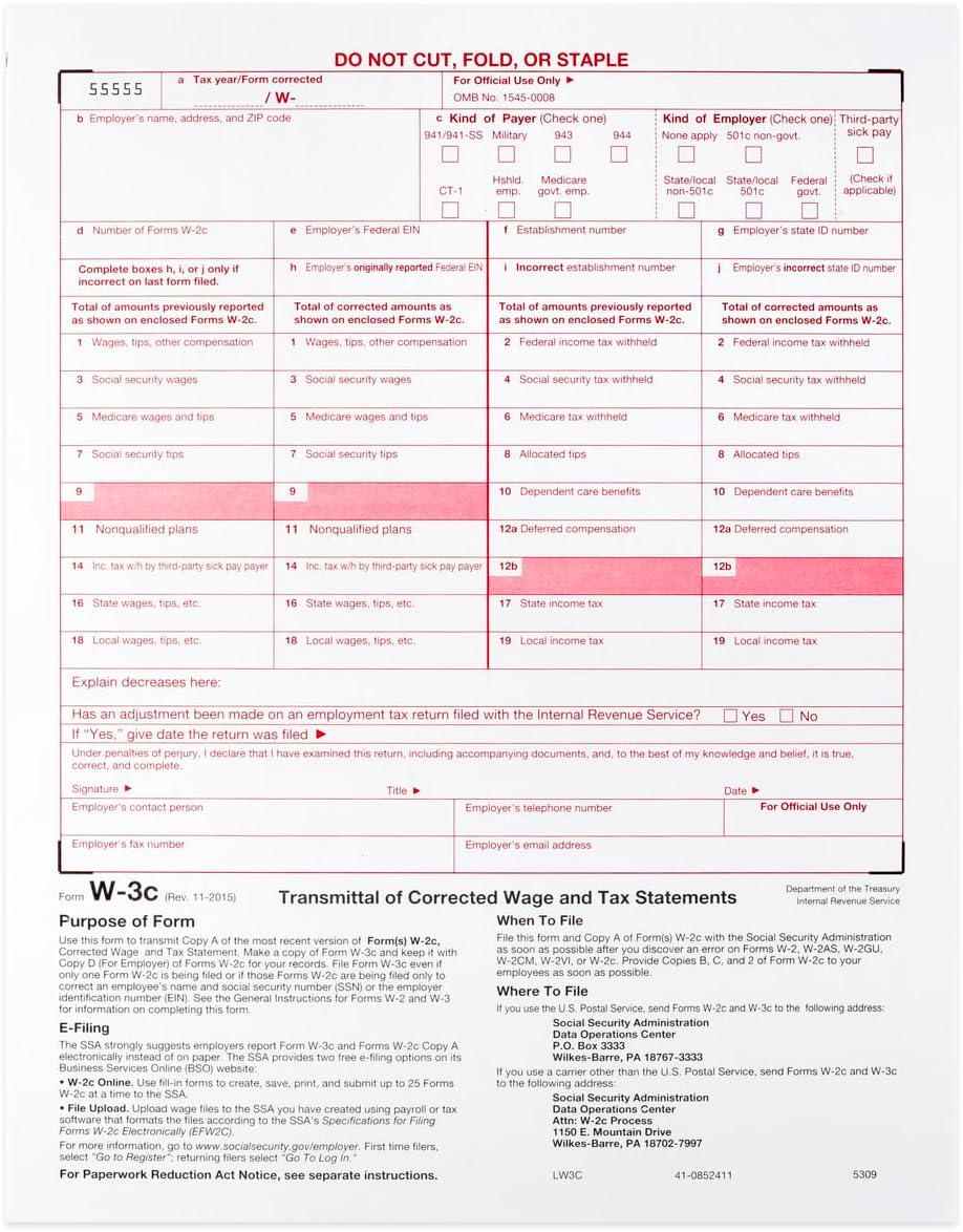 W-3C Transmission Correction Income Laser Tax Form ~ Payroll Correction Form ~