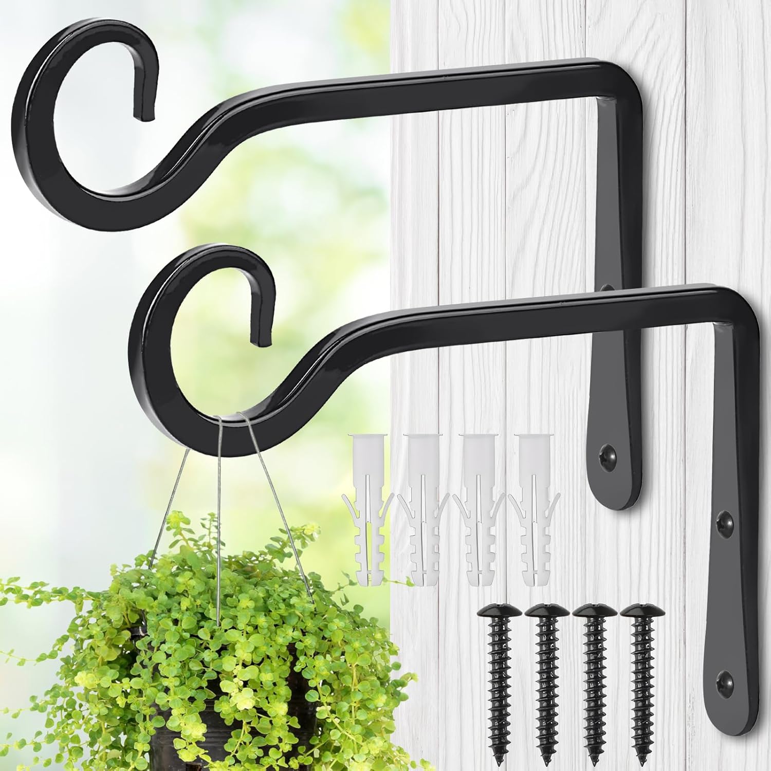 Outdoor Plant Hooks, 2-Pack 6 Inch (Approx. 15.2 cm) Hanging Plant Holder, Metal Hanging Plant Hooks, Wall Hooks, Bird Feeders, Flower Baskets, Wind Chimes, Indoor Outdoor (Black)