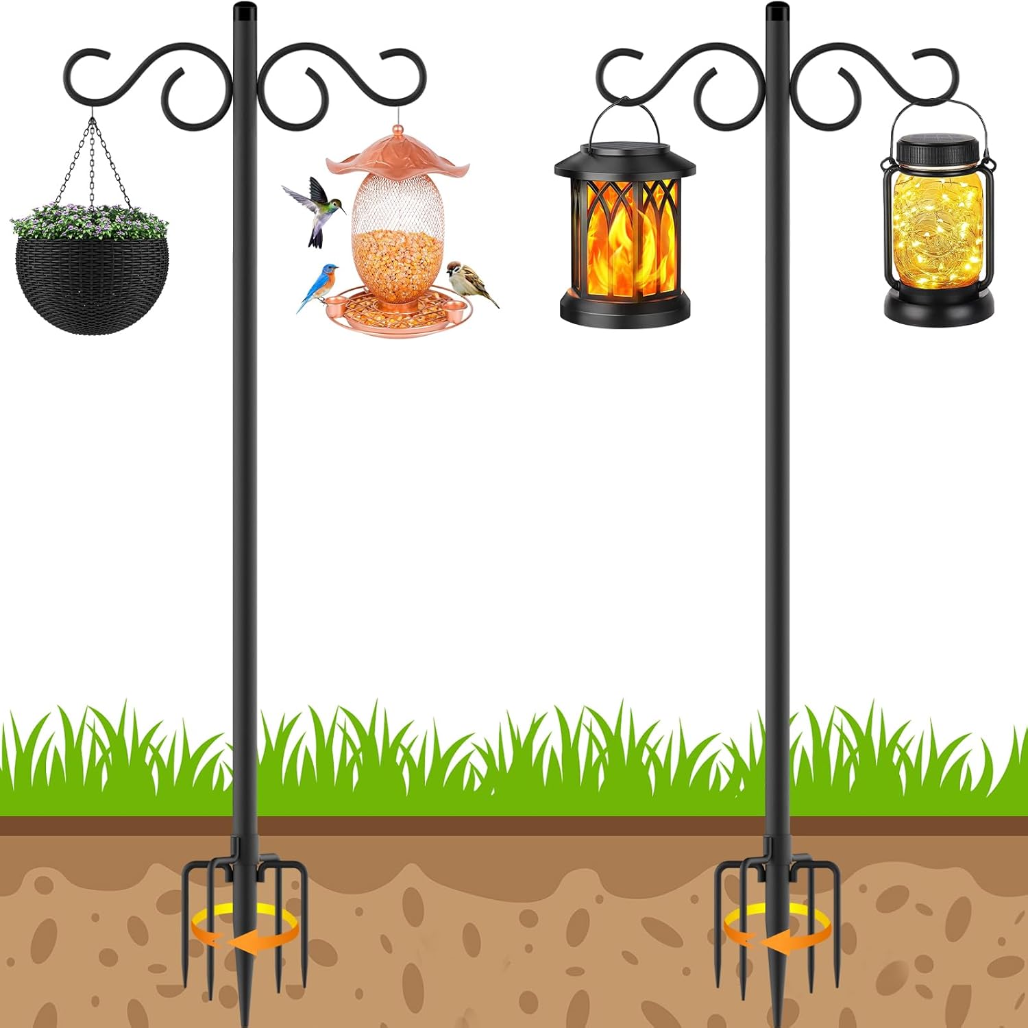 Outdoor Adjustable Sheepdog Hooks, 2-Pack 108-Inch 5-Paw Base Bird Double-Sided Feeding Pole, Heavy Duty Sheepdog Hooks for Hanging Flower Baskets, Lanterns, Bird Nests in the Garden