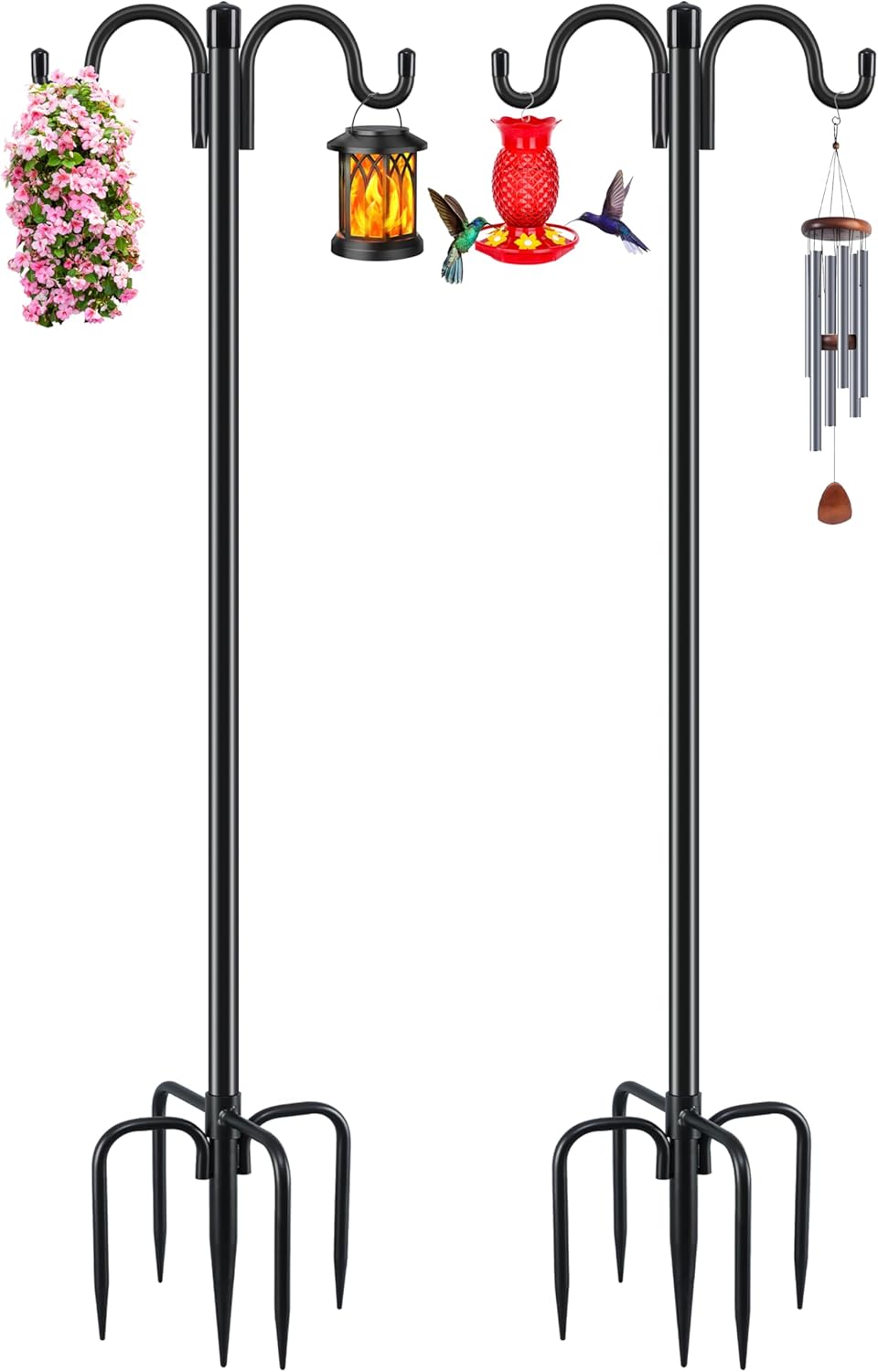 Outdoor Double Sheepdog Hooks, 2-Pack 92.5-Inch Heavy Duty Bird Feeder Pole 3/4-Inch Thick Garden Hooks for Hanging Hummingbird Feeders, Plant Baskets, Solar Lights