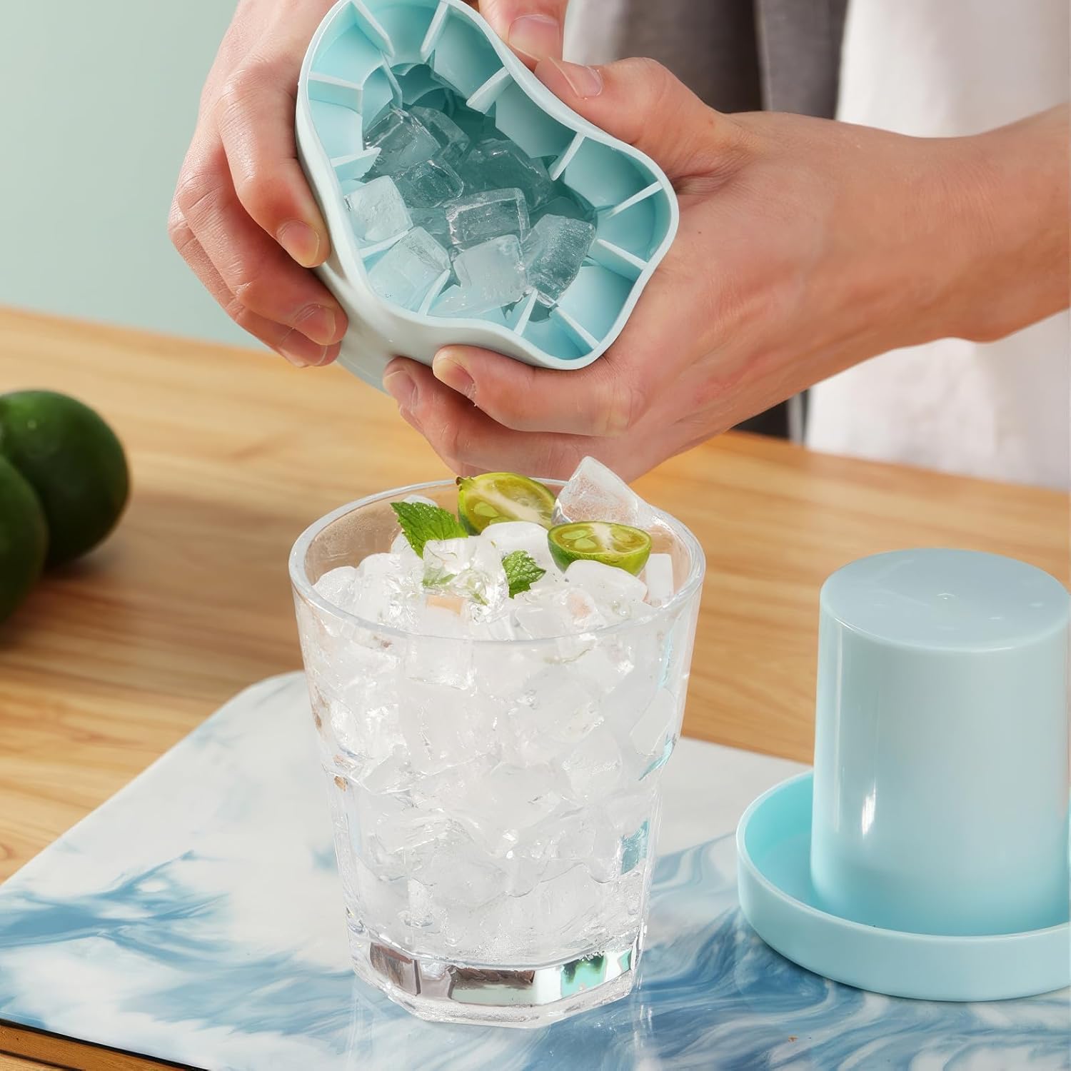 ICE BUCKET SET WITH LID AND WASTE BIN - Refrigerator Ice Maker Molds, Easy to Pop Ice CubesSilicone Ice Cube Tray for Cocktails, Whiskey, Coffee