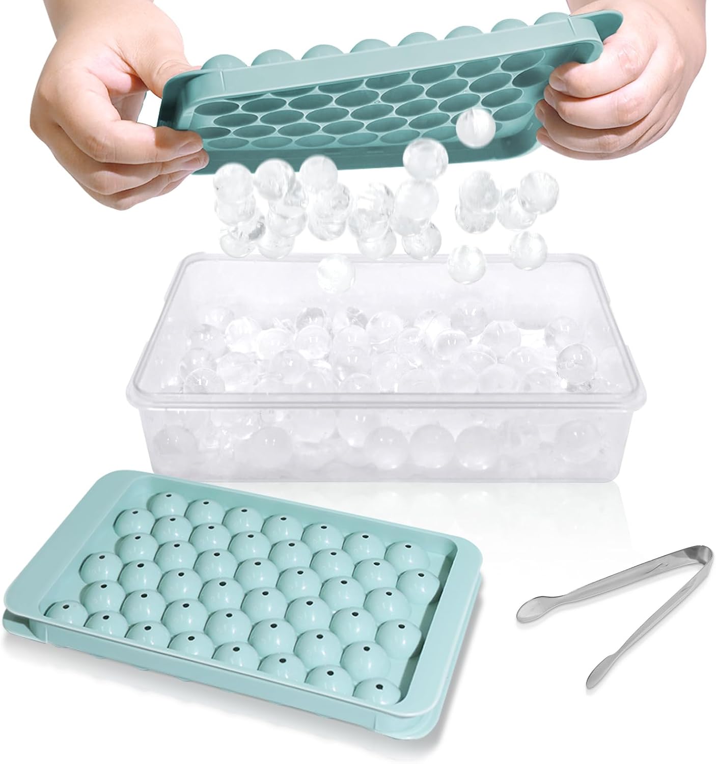 Ice Tray with Lid and Trash Can - Round Ice Tray Freezer with Lid - Ice Tray with Ice Box (0.79 Inch - 2 Piece Blue)