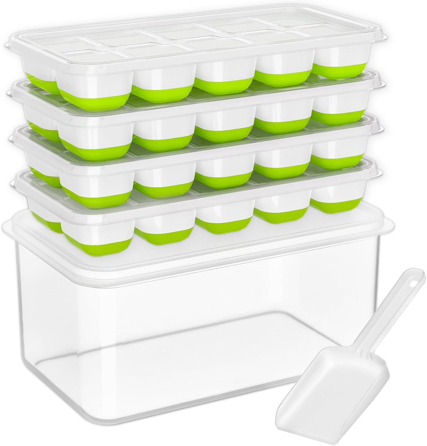 Ice Cube Tray with Lid and Trash Can, 4-Piece Silicone Plastic Ice Cube Tray with Box/Container, Stackable Storage Ice Bucket Kit, Scoop, For Baby Food, Cocktails, Coffee