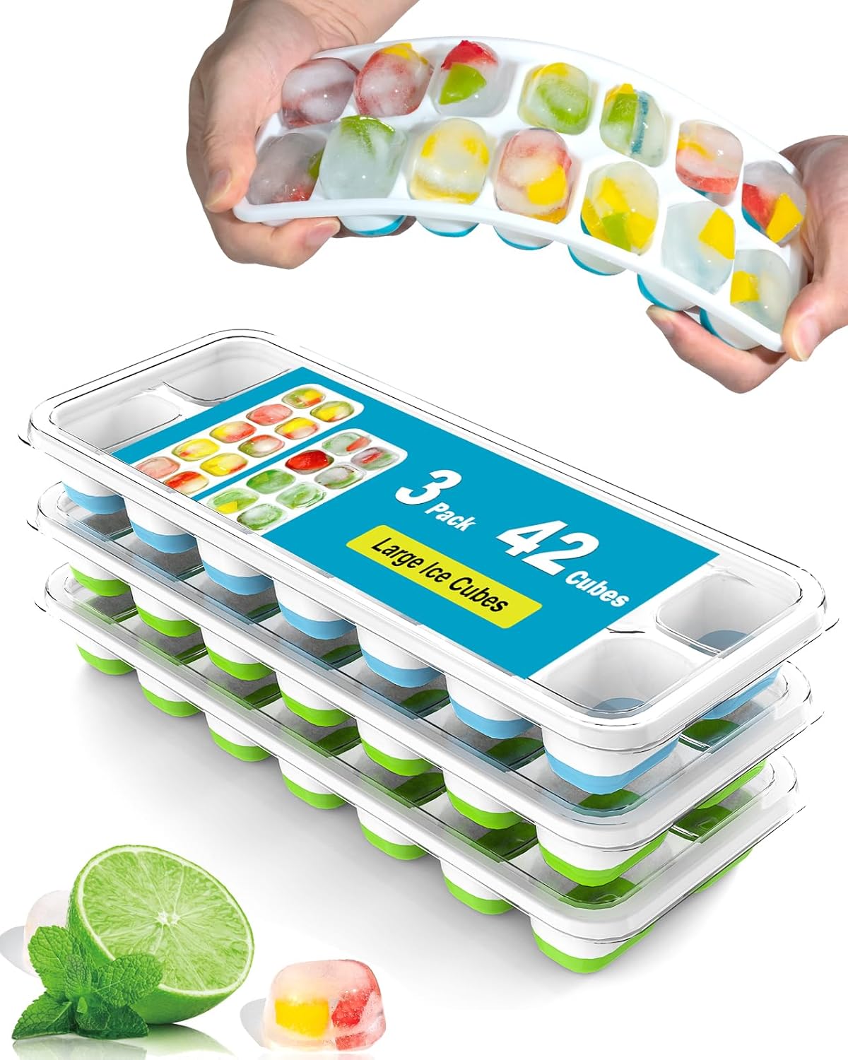 Refrigerator Ice Cube Tray - 3 Piece Pack of 42 Cubes, Easy Release Silicone Ice Tray with Spill Resistant Lid, Reusable Ice Tray, Stackable, BPA Free, Great for Cocktails, Drinks and Iced Coffee