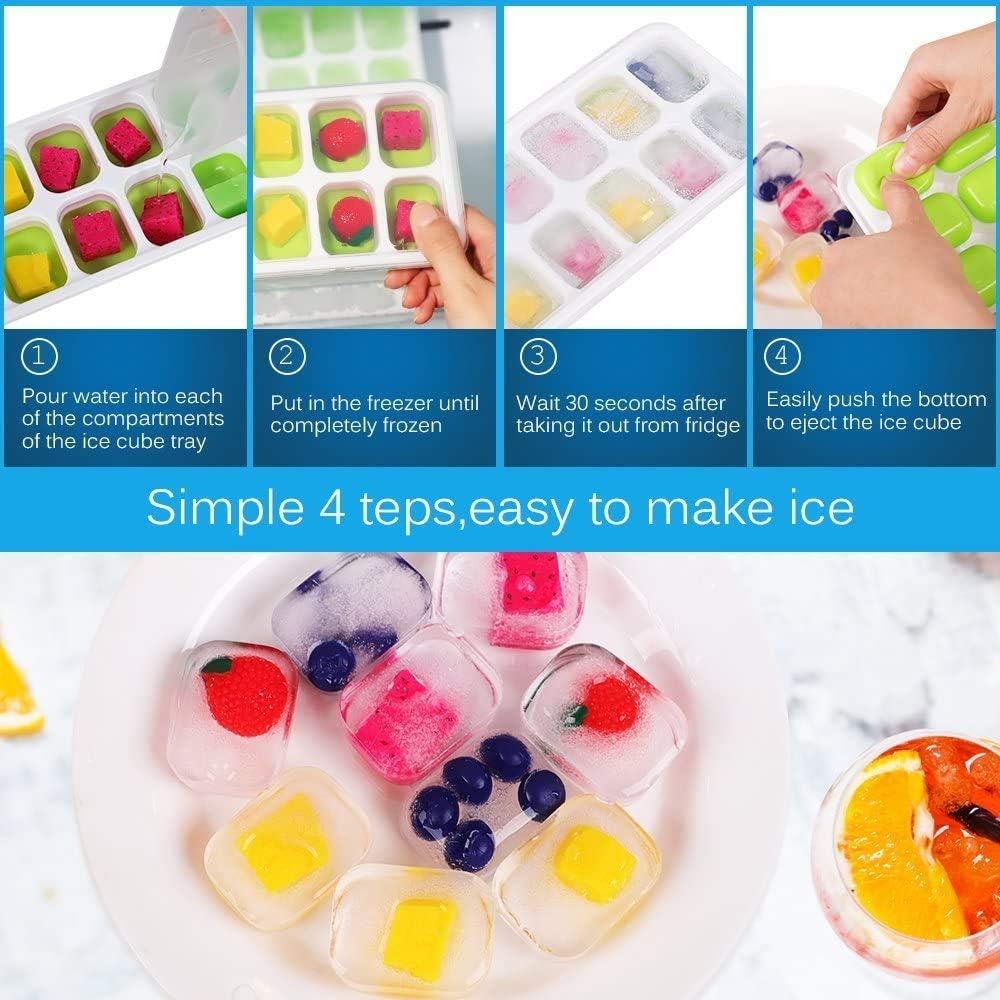Ice Cube Tray, Silicone Easy Release, Flexible 14 Ice Trays with Spill-Proof Removable Lids, BPA-Free, Durable, Dishwasher Safe, 2-Pack